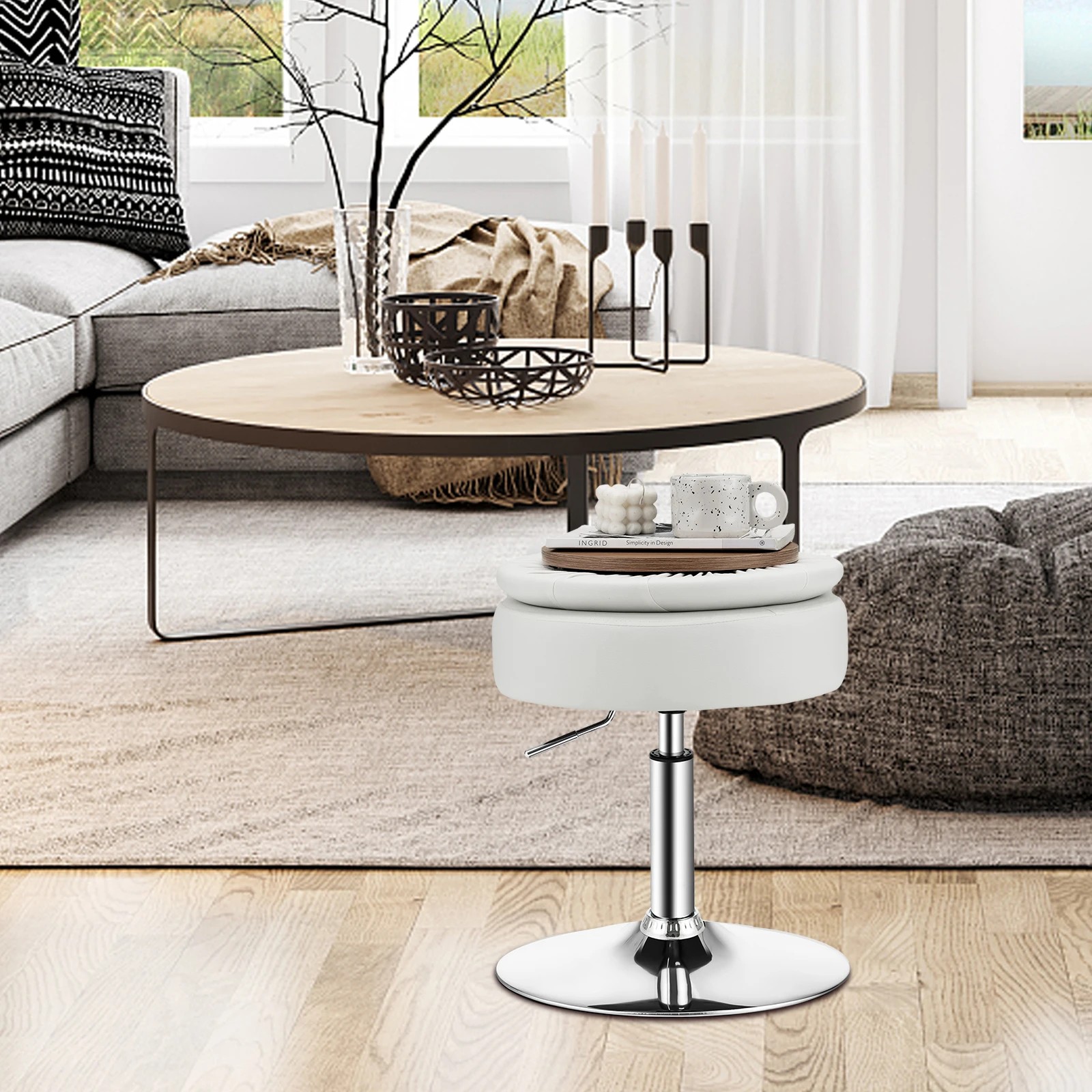 2 Costway Swivel Stool PU Leather Storage Makeup Dressing Chair - White, 2 of 6