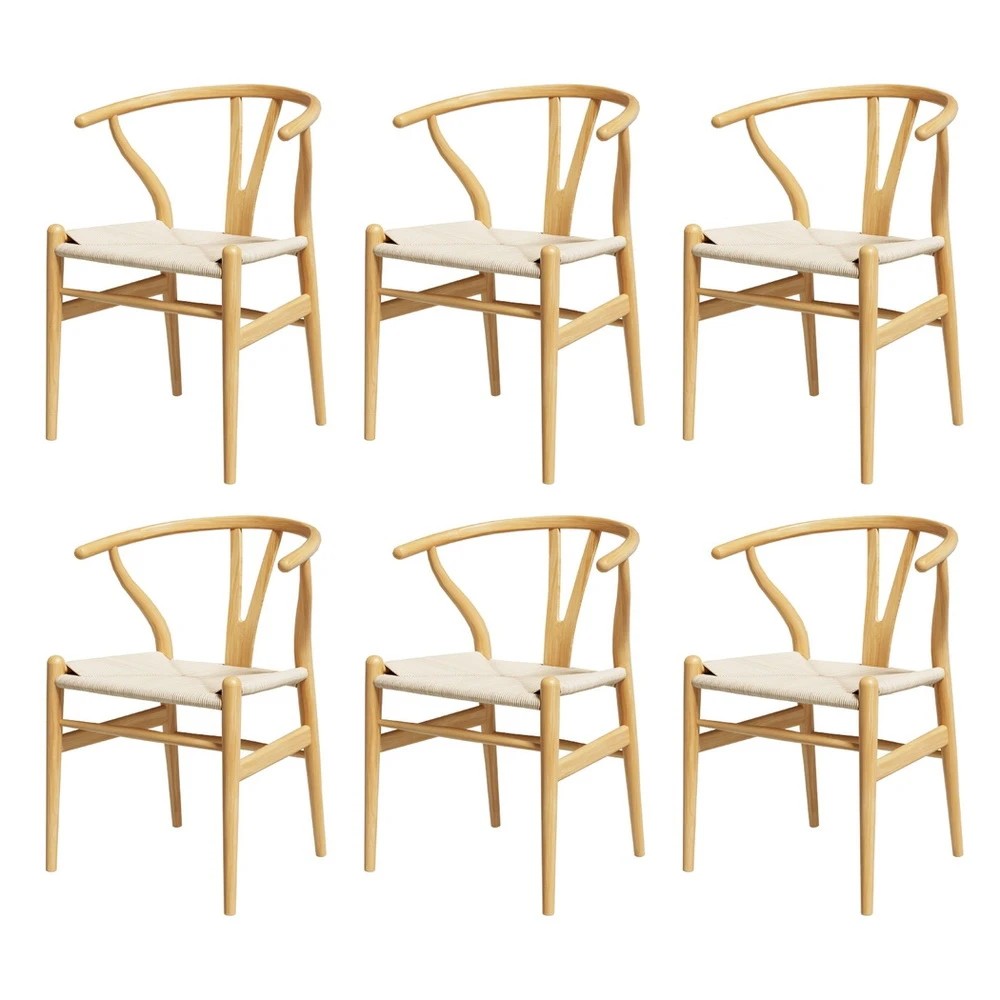 1 1 Set of 6 Artiss Dining Chairs Wooden Rattan Seat Wishbone Back - Natural, 1 of 5