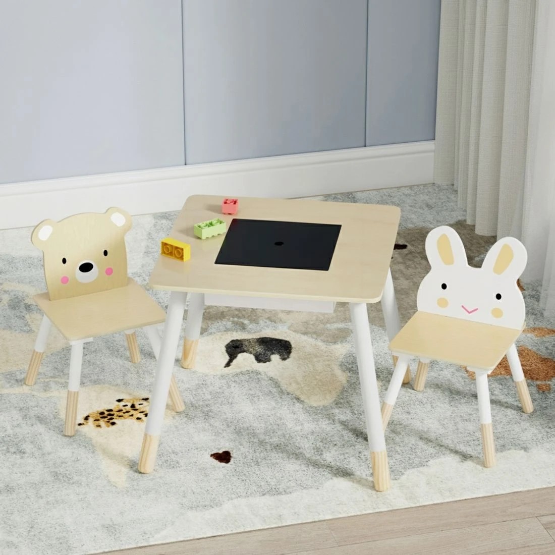 3 Keezi 3PCS Kids Table and Chairs Set Activity Desk Chalkboard Toy Hidden Storage - Multi, 3 of 4