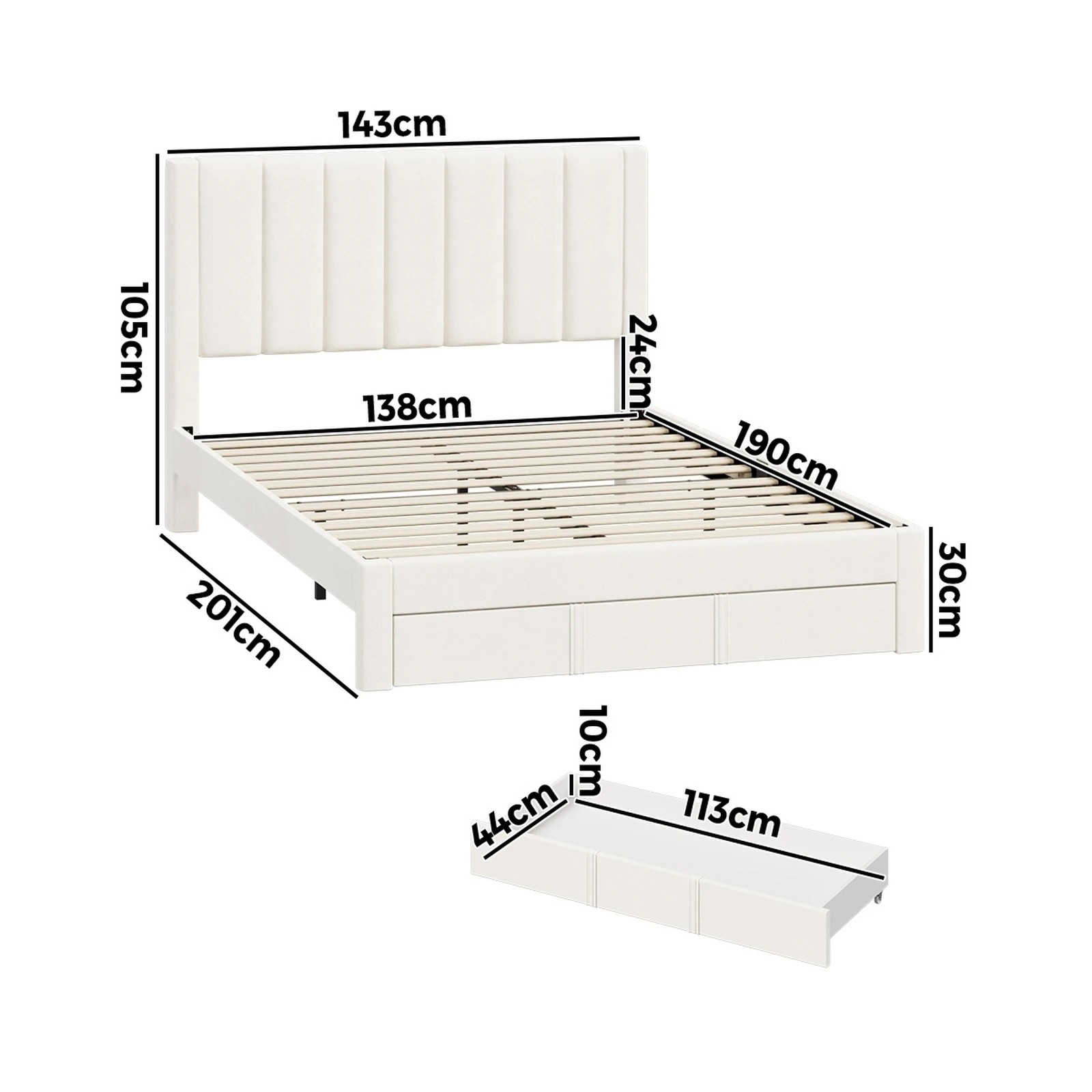 2 Oikiture Bed Frame Double Size Headboard Platform Base with Drawer - Beige, 2 of 8