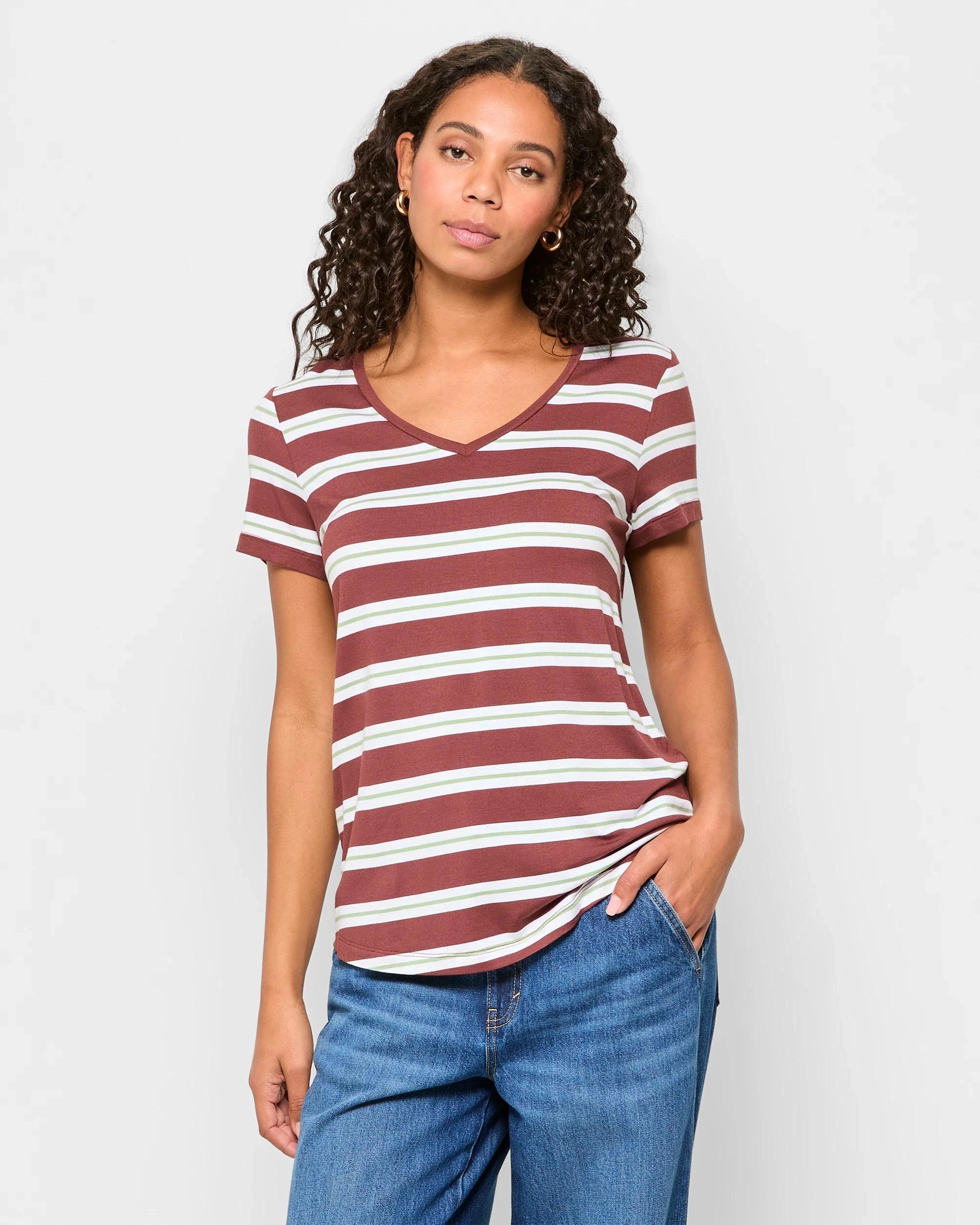 1 Target Woman Short Sleeve V-Neck T-Shirt REDWOOD STRIPE, 1 of 5