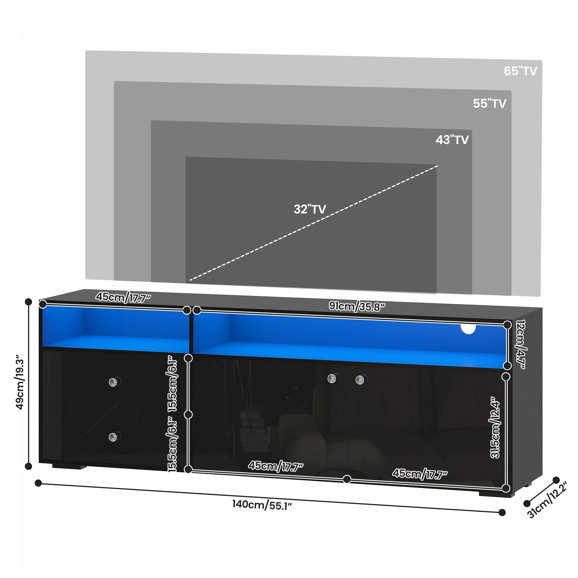 7 Advwin LED TV Cabinet 140cm Entertainment Center Media Console Table with High Gloss Drawer & Cabinets - Black, 7 of 9