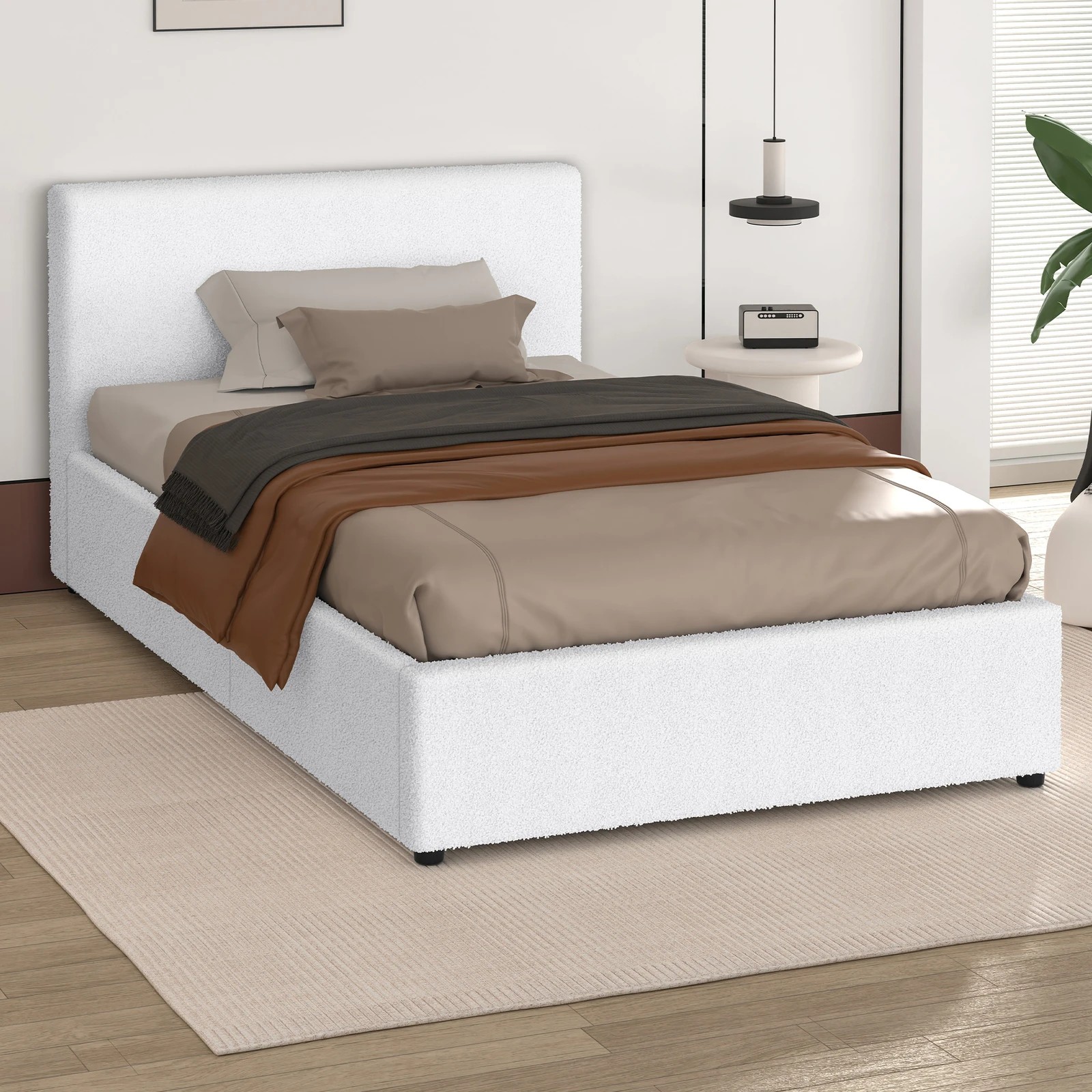 7 Alfordson Bed Frame Single Size Gas Lift Storage Base Boucle Tricia - White, 7 of 10