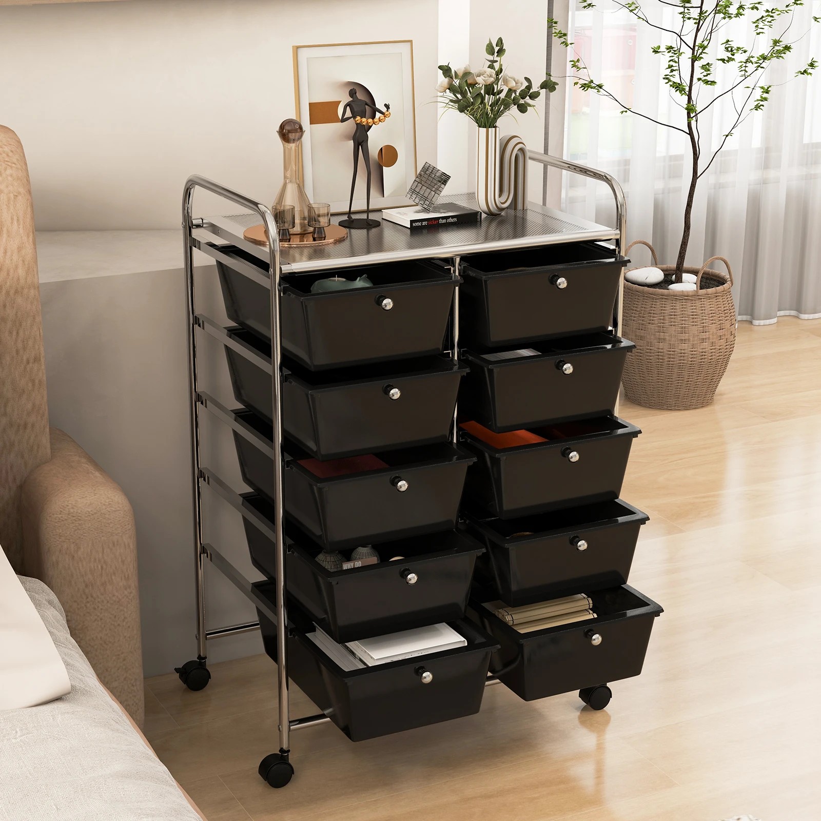 2 Costway 10 Drawers Mobile Storage Cart Utility Trolley - Black, 2 of 4