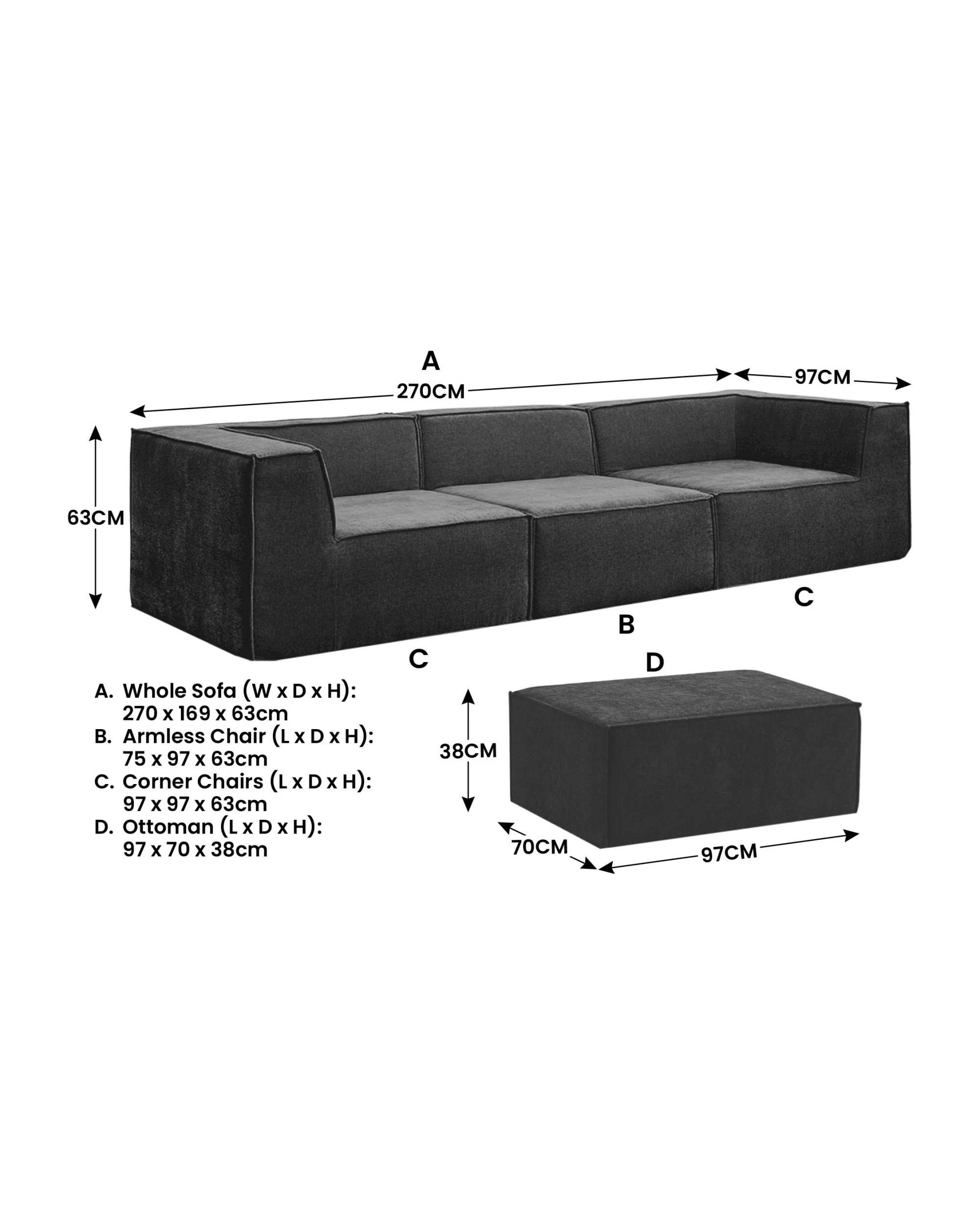 3 Sarantino Novi 3-Seater Modular Sofa Ottoman Charcoal Black Non-Slip Bottom Lounge, 3 of 9