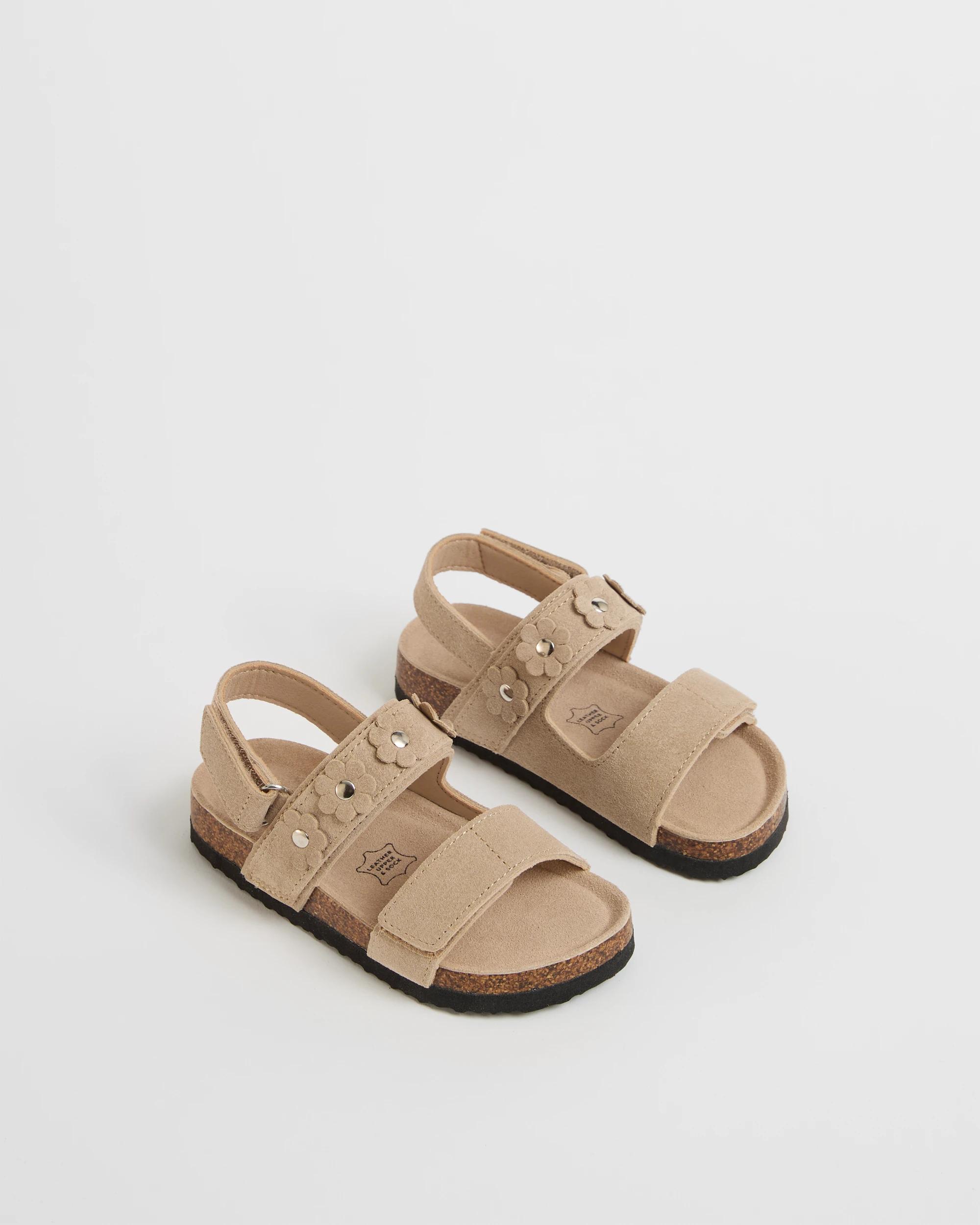 2 Target Baby First Walker/Junior Suede Leather Flower Moulded Cork Sandals SAND SUEDE, 2 of 3