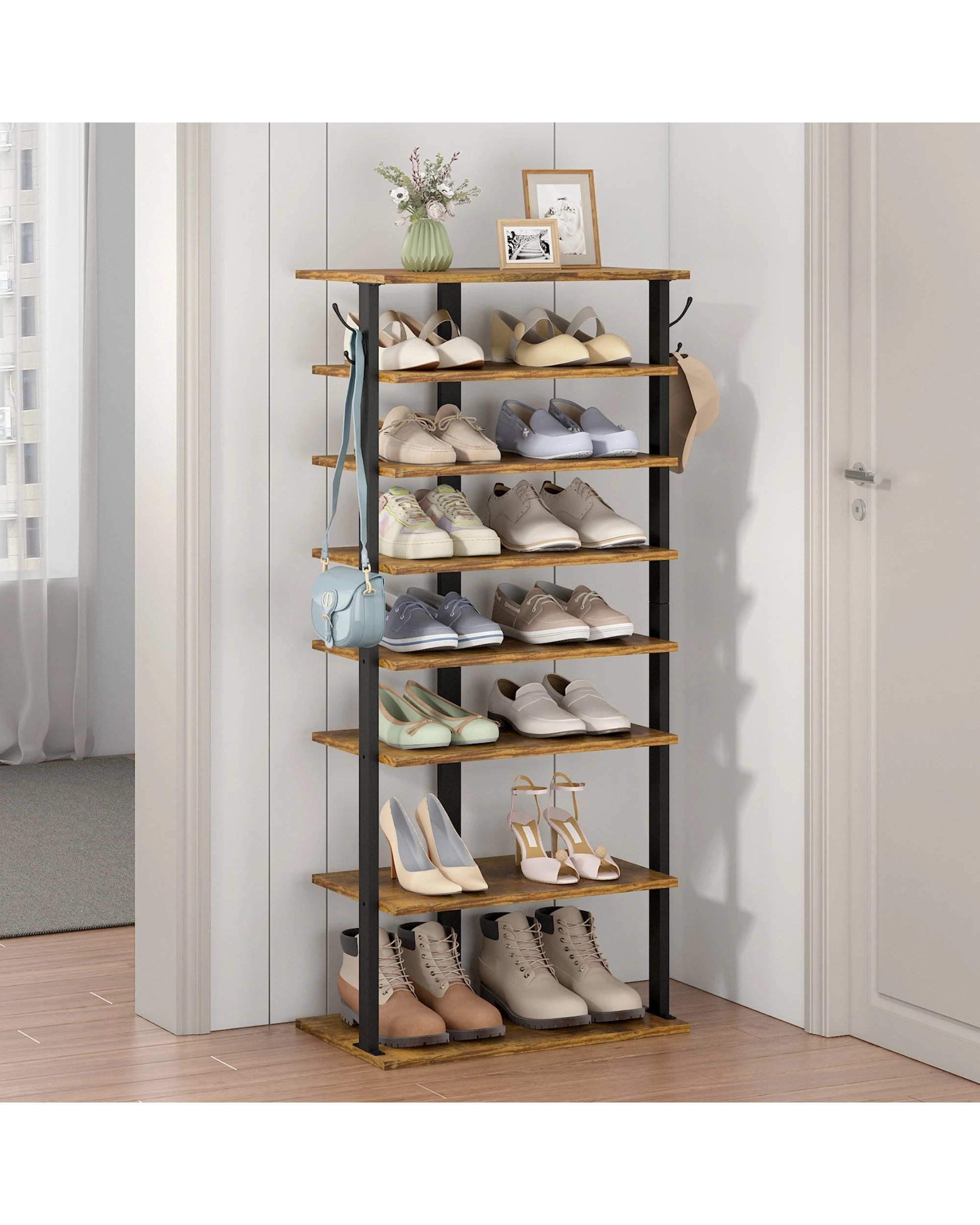 3 Advwin 8 Tier Vertical Shoe Rack Shoe Storage Organiser Narrow Shoe Tower, Rustic Brown, 3 of 10