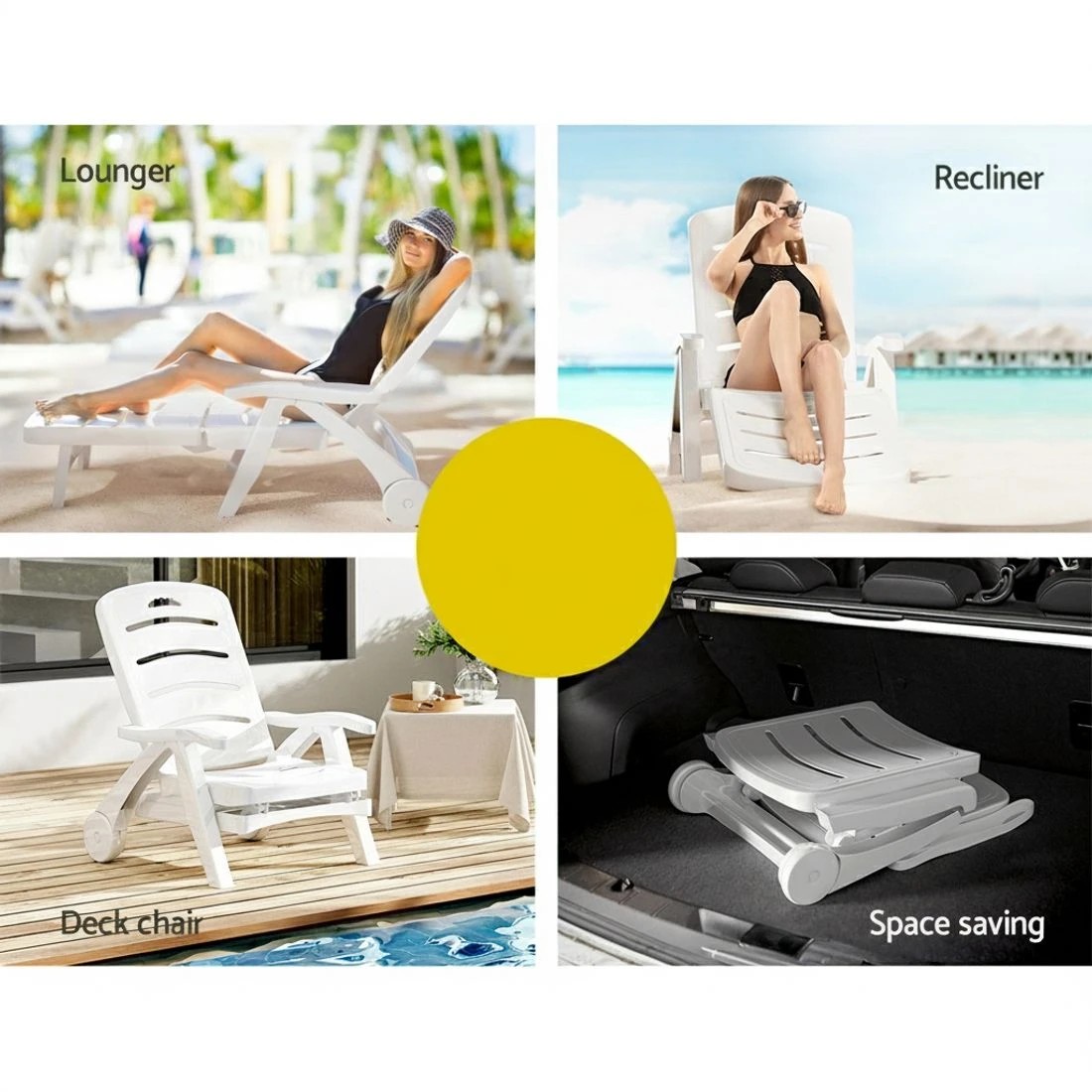 4 Gardeon Sun Lounger Folding Chaise Lounge Chair Wheels Patio Outdoor - White, 4 of 5