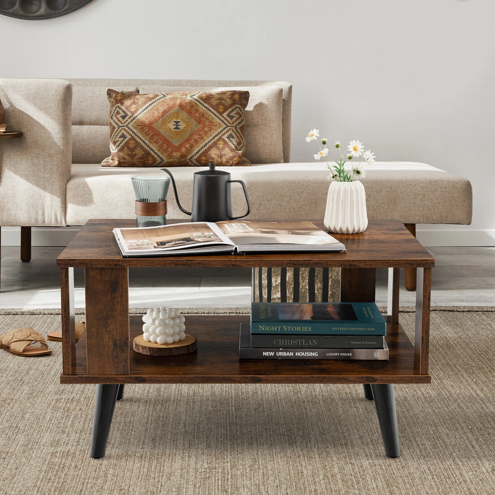 2 Costway 2-Tier Wood Coffee Table w/Open Storage Shelf, 2 of 4