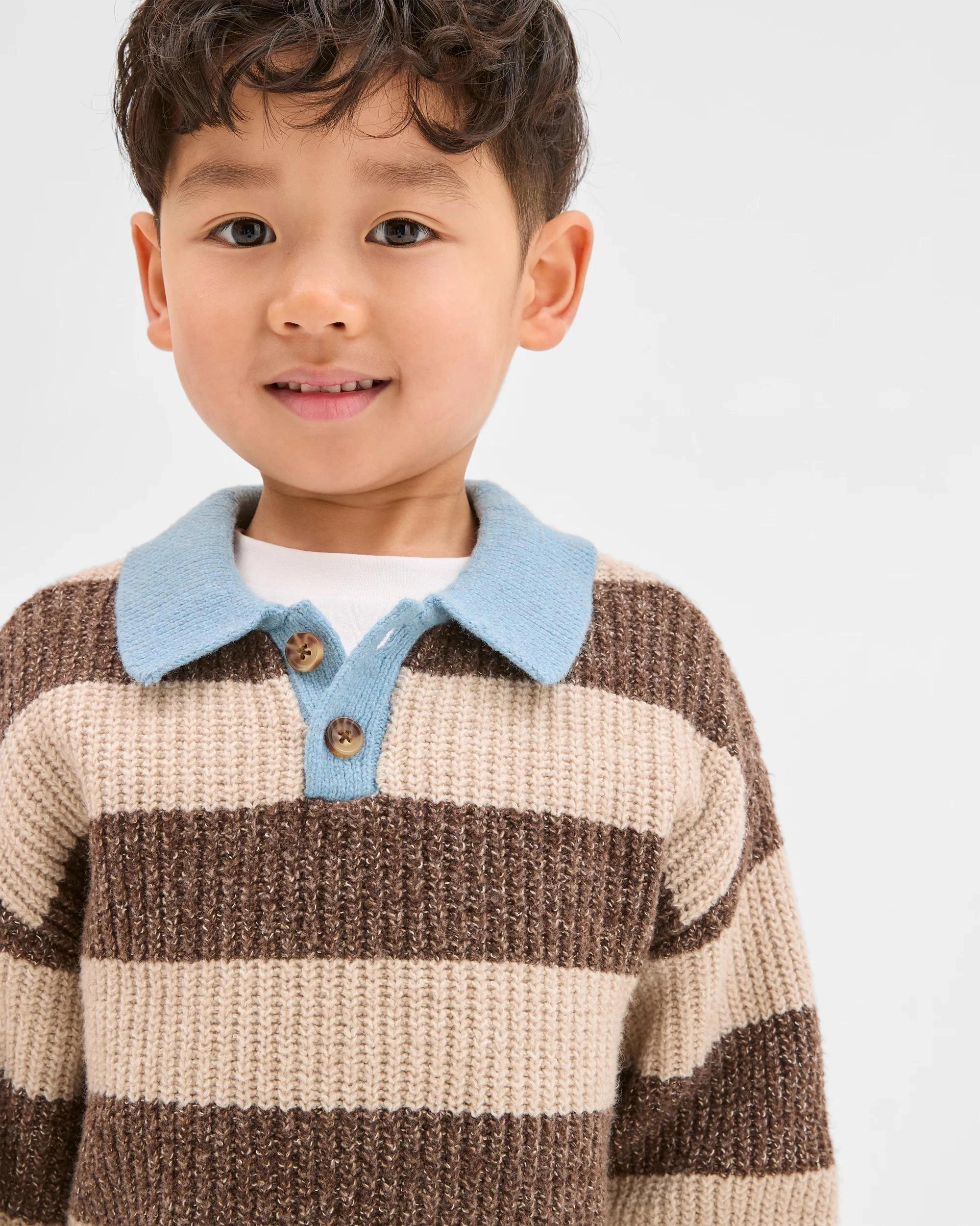 2 Target Kids Long Sleeve Striped Knit Polo Top BROWN, 2 of 6