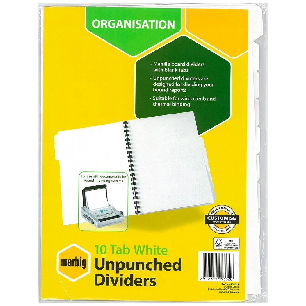 1 Marbig 10 Tab Unpunched Manila Dividers White, 1 of 1