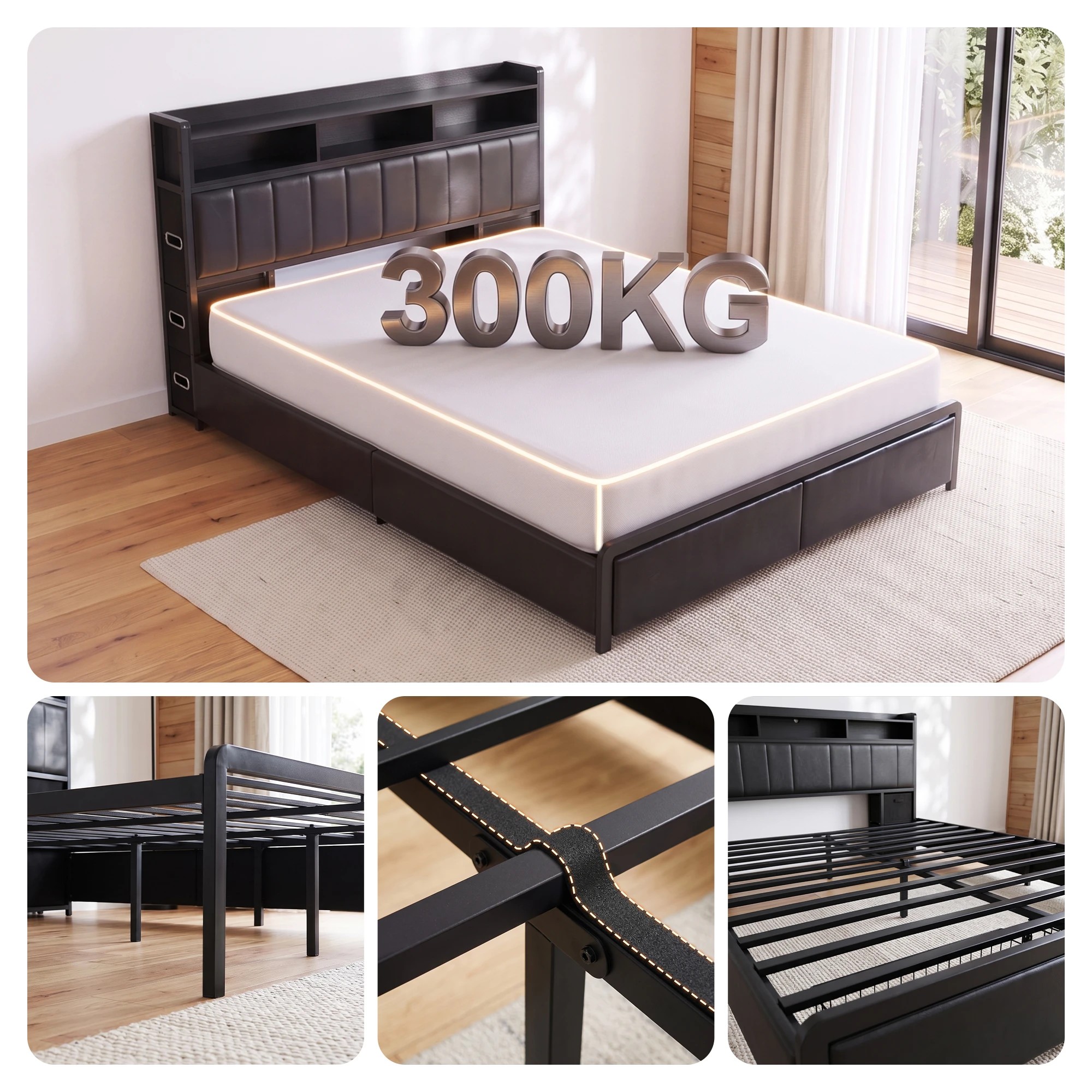 8 Artiss Bed Frame with Storage Headboard, 2 Drawers Charging Station LED Light - King Bed - Black, 8 of 10
