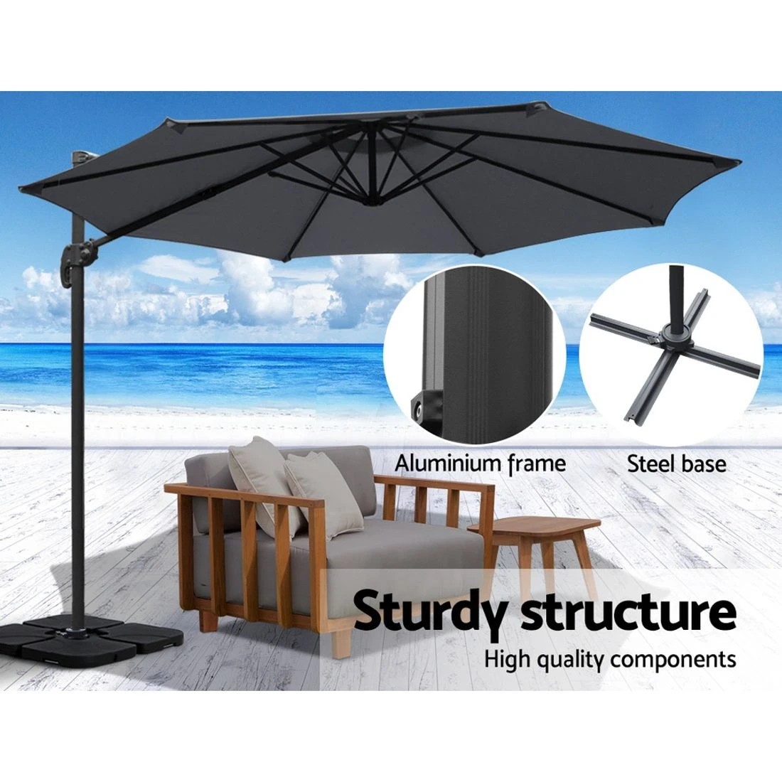 6 Instahut 3m Outdoor Umbrella W/base Cantilever Beach Roma 360 Degree Tilt
 - Grey, 6 of 7