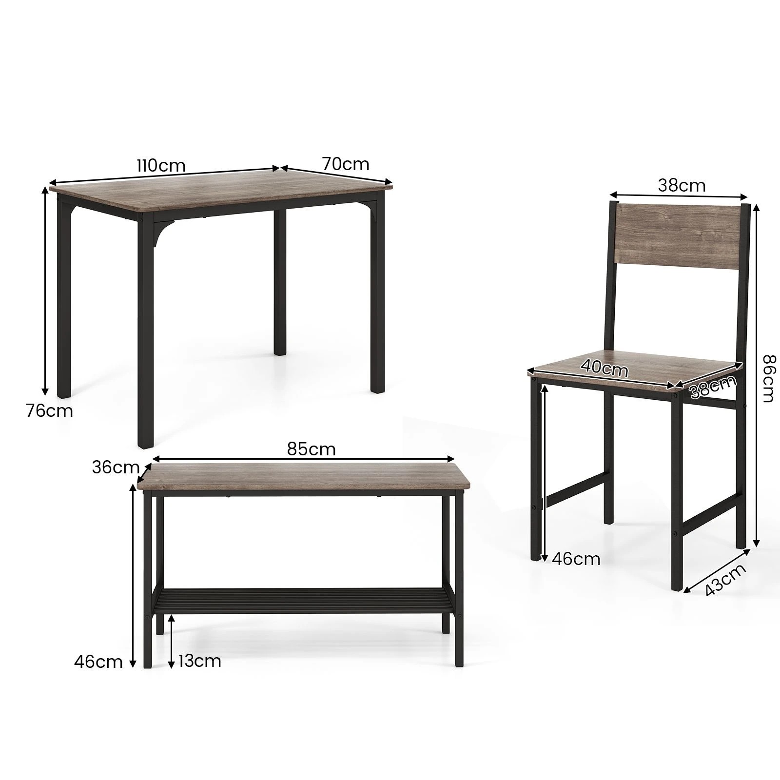 4 Costway 4PCS Dining Table Set Metal Frame Kitchen Breakfast Table Set w/Storage Rack - Grey, 4 of 4