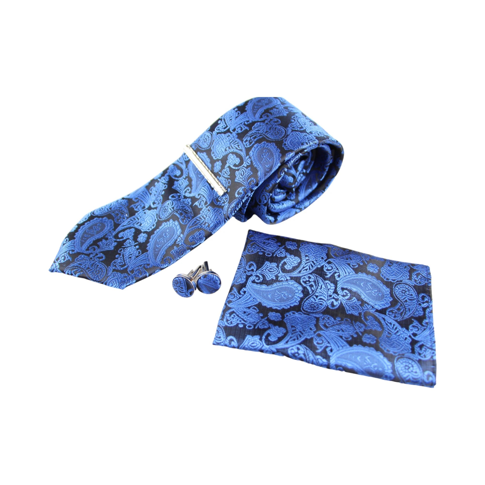 4 Zasel Mens Blue & Black Boho Paisley Matching Neck Tie, Pocket Square, Cuff Links And Tie Clip Set - Multi - Multi, 4 of 4