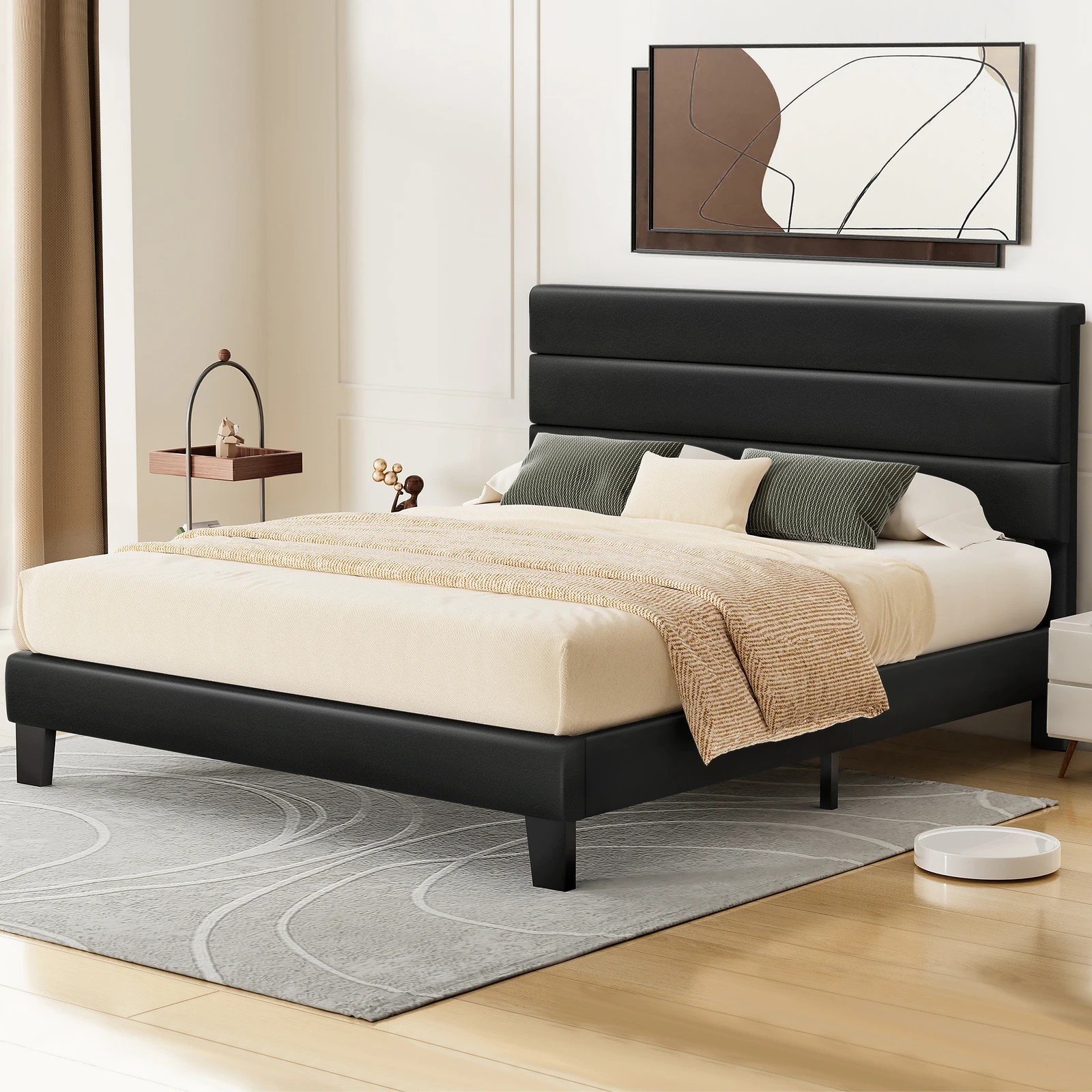 2 Alfordson Bed Frame Double Size Upholstered Platform Leather Harlene - Black, 2 of 10