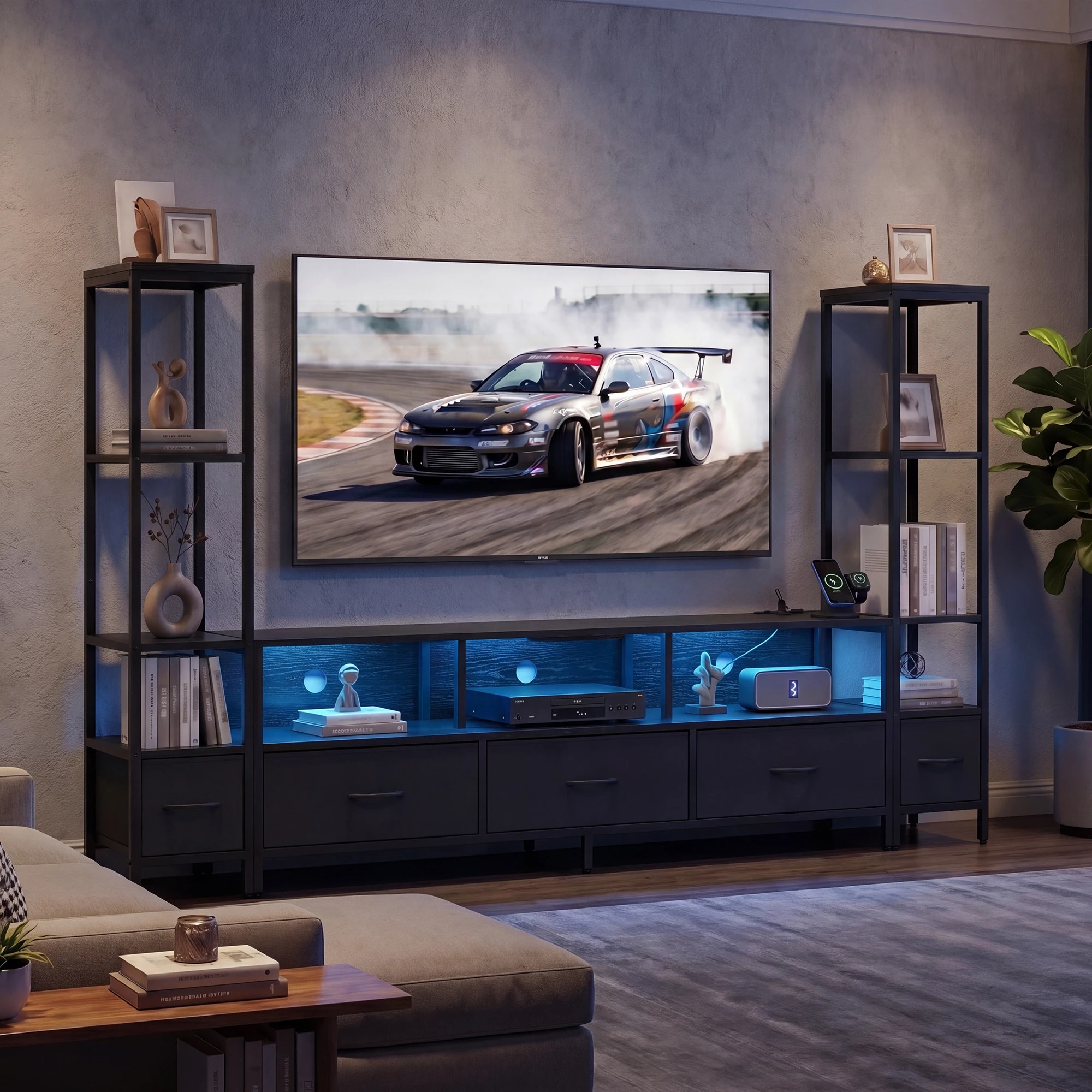6 Advwin 197cm TV Stand with Bookshelf Entertainment Center with Power Outlet & LED Lights - Black, 6 of 7