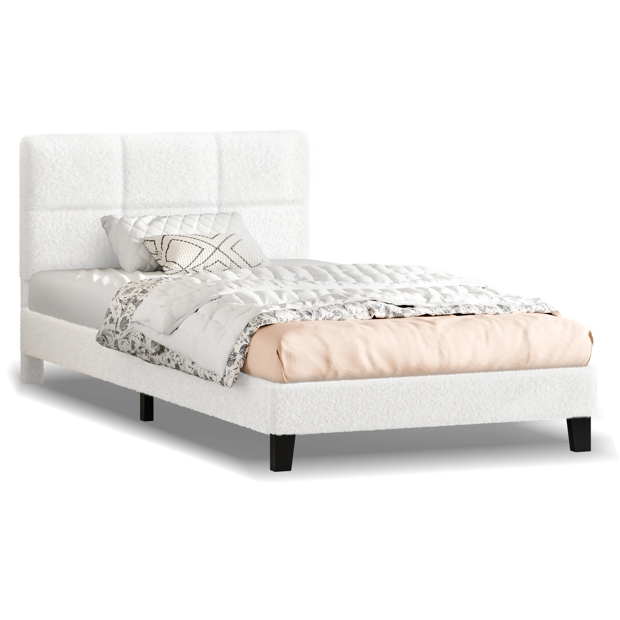 1 Alfordson Bed Frame Single Size Tufted Headboard Boucle - White, 1 of 9