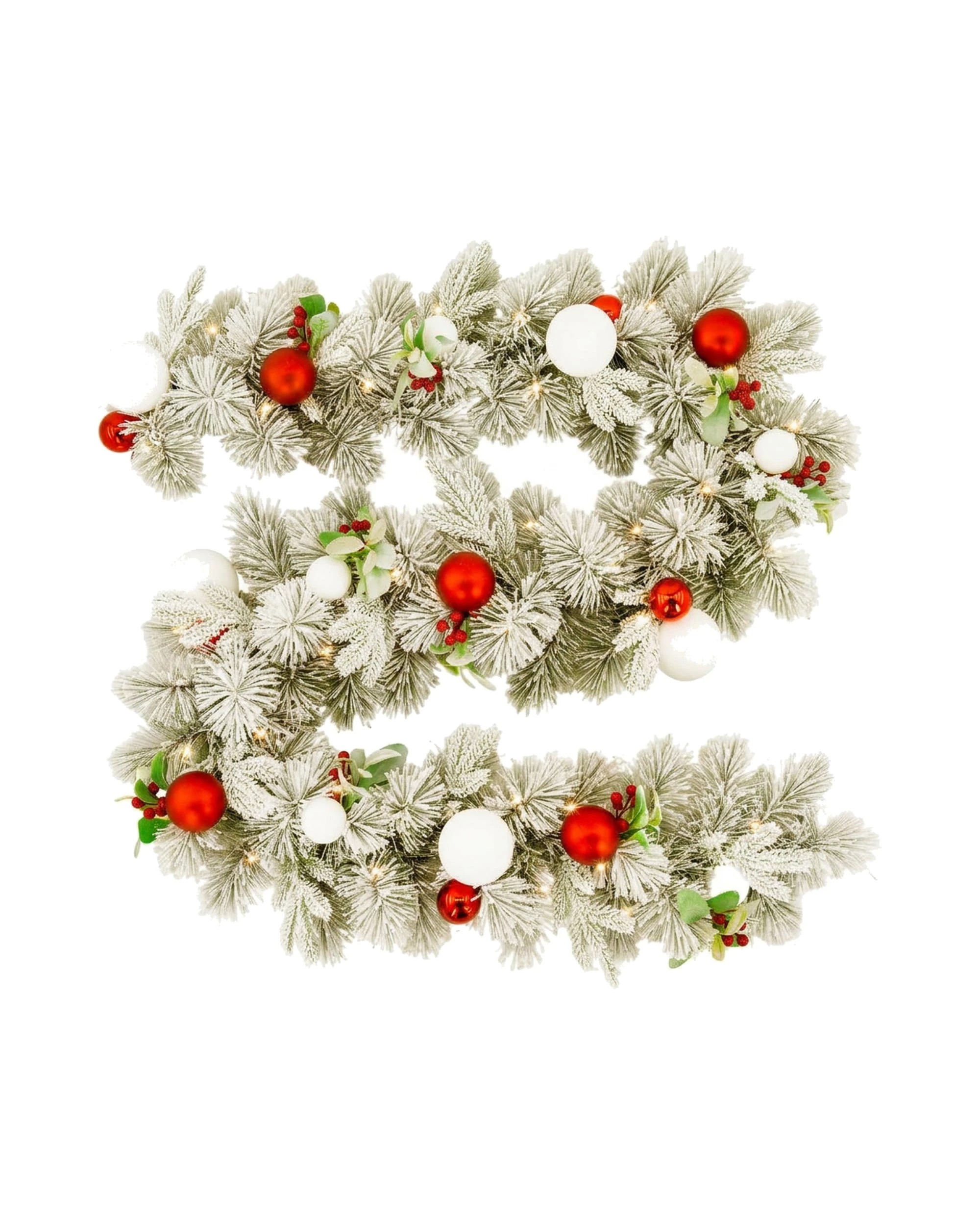 1 Christabelle 2.74m Snowy Elegance Christmas Garland Pre Lit Warm White LED Red Baubles Berries Flocked Mantel Banister, 1 of 7