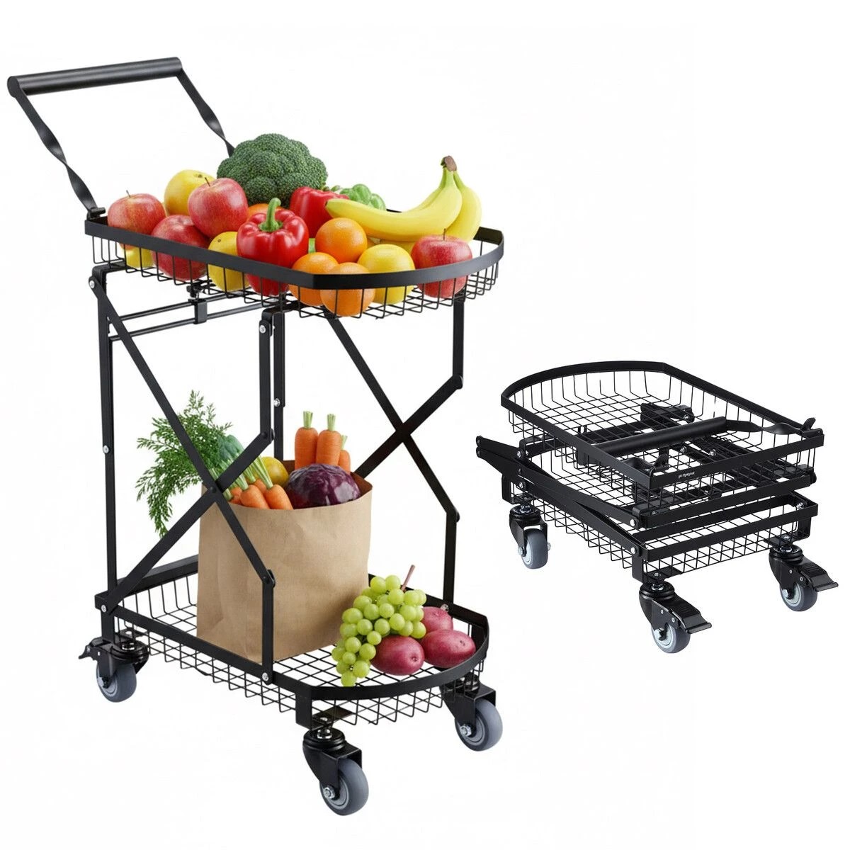 4 AUSWAY 2-Tier Folding Trolley Cart Utility Shopping Heavy Duty 100kg Collapsible Storage, 4 of 4