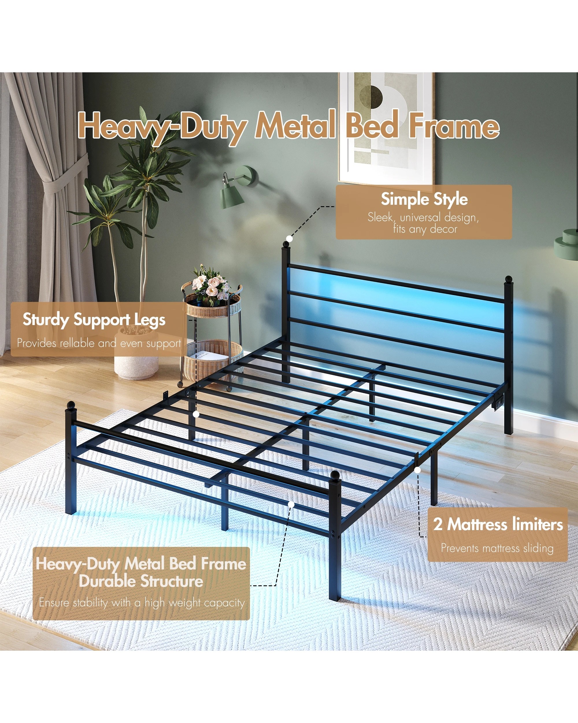 7 Advwin Double Metal Platform Bed Frame With Headboard And Footboard Black, 7 of 8