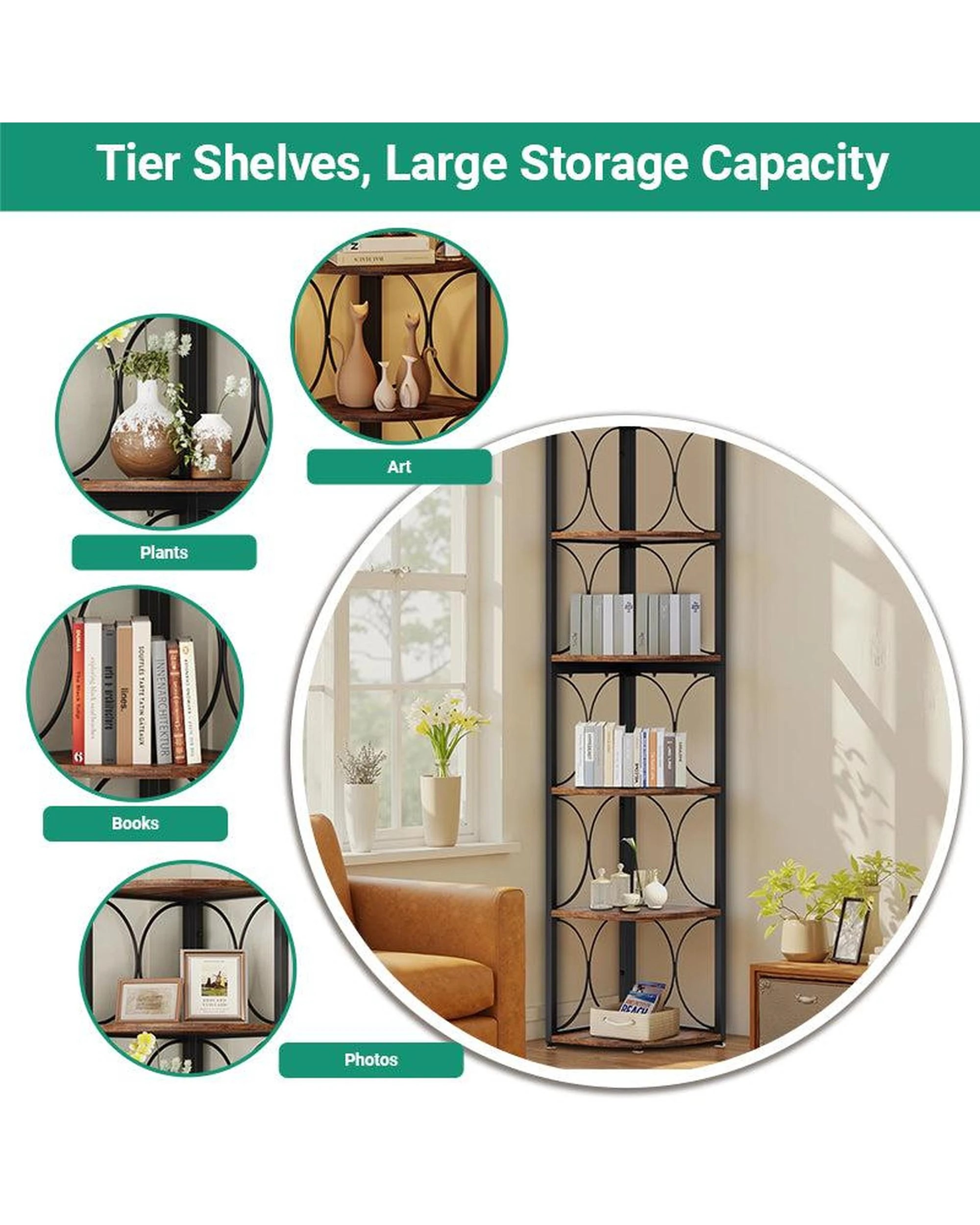 6 OAKORY 6-Tier Corner Shelf Freestanding Storage Rack with Rustic Finish and Metal Frame, 6 of 7