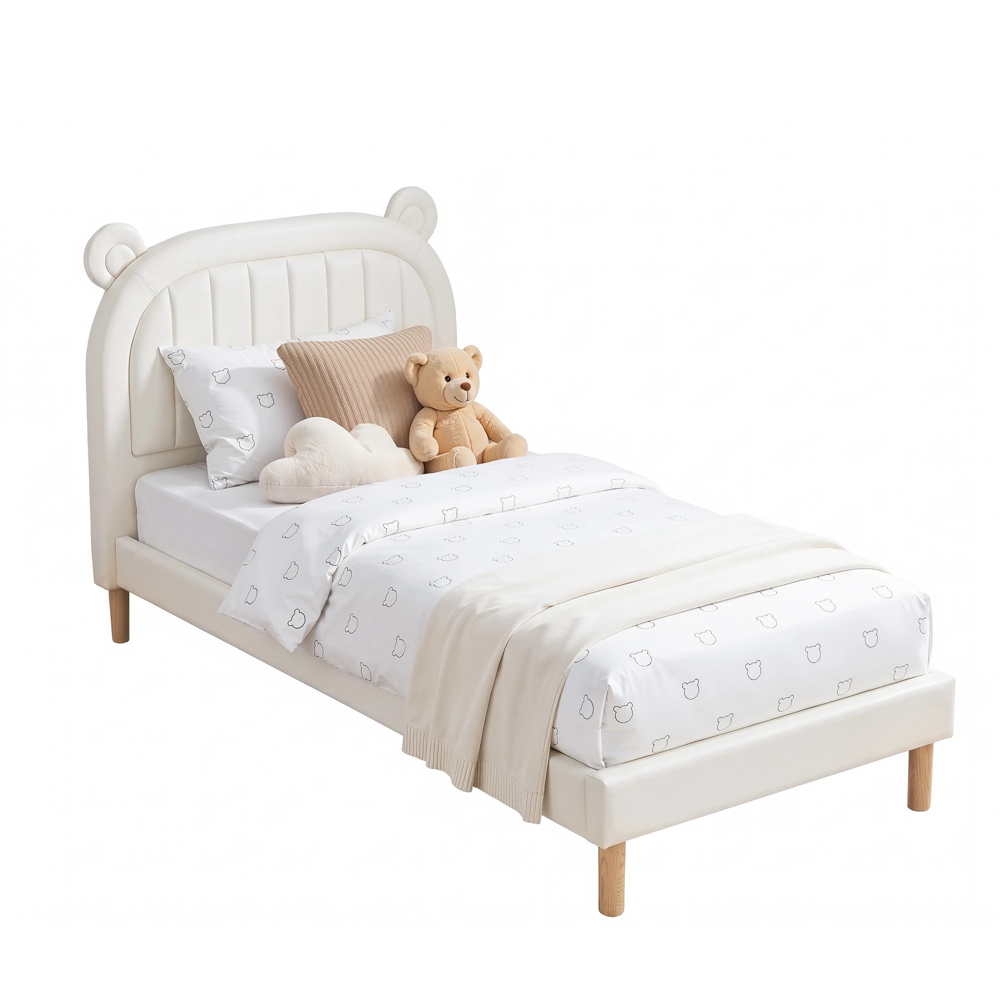 1 Artiss Kids King Single Bed Frame Bear Ears Headboard Upholstered Leather Platform Bed for Child - White, 1 of 8