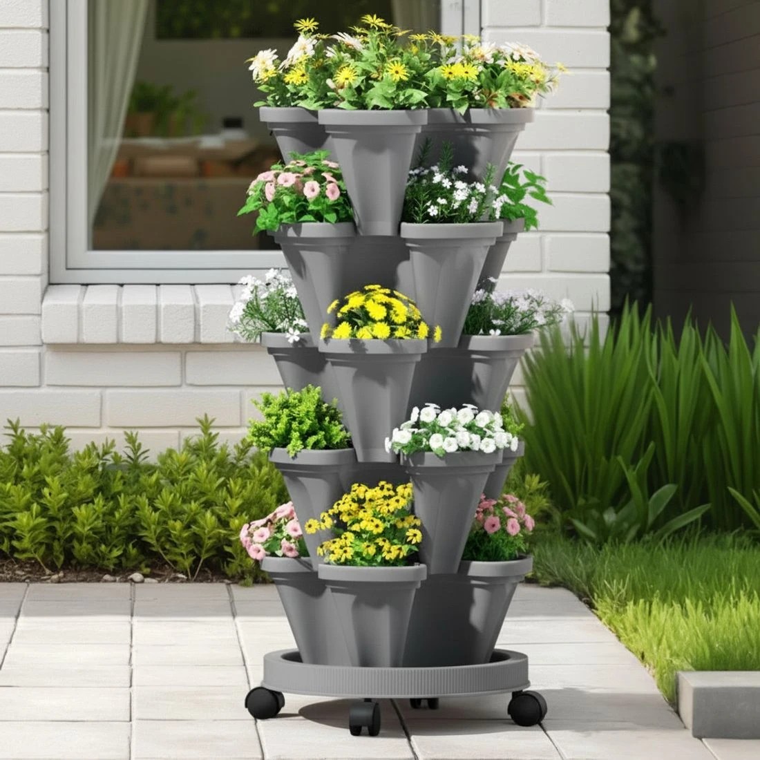 5 Green Fingers Raised Garden Bed 5 Tier Vertical Garden Strawberry Stackable Planters Herbs Petunias - Grey, 5 of 5