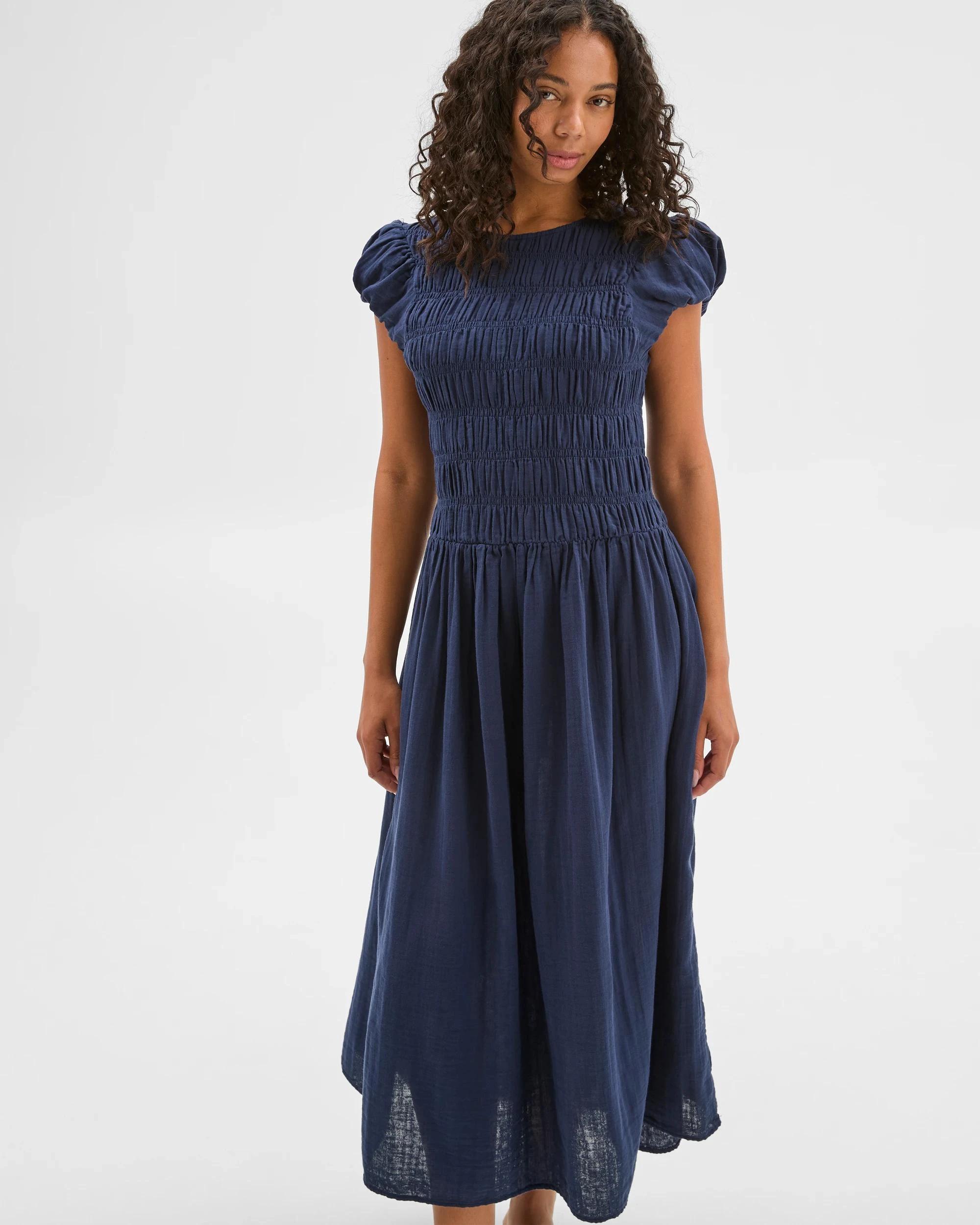 3 Target Woman Australian Cotton Double Cloth Shirred Dress NAVY BLUE, 3 of 7