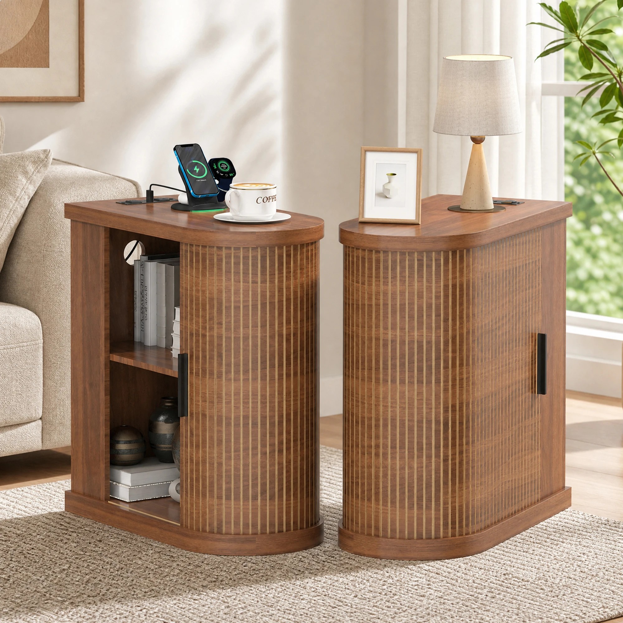 4 Advwin 2pcs Narrow Side Table Fluted Sliding Door Storage Cabinet Compact Bedside Table 60x30x62cm - Brown, 4 of 5