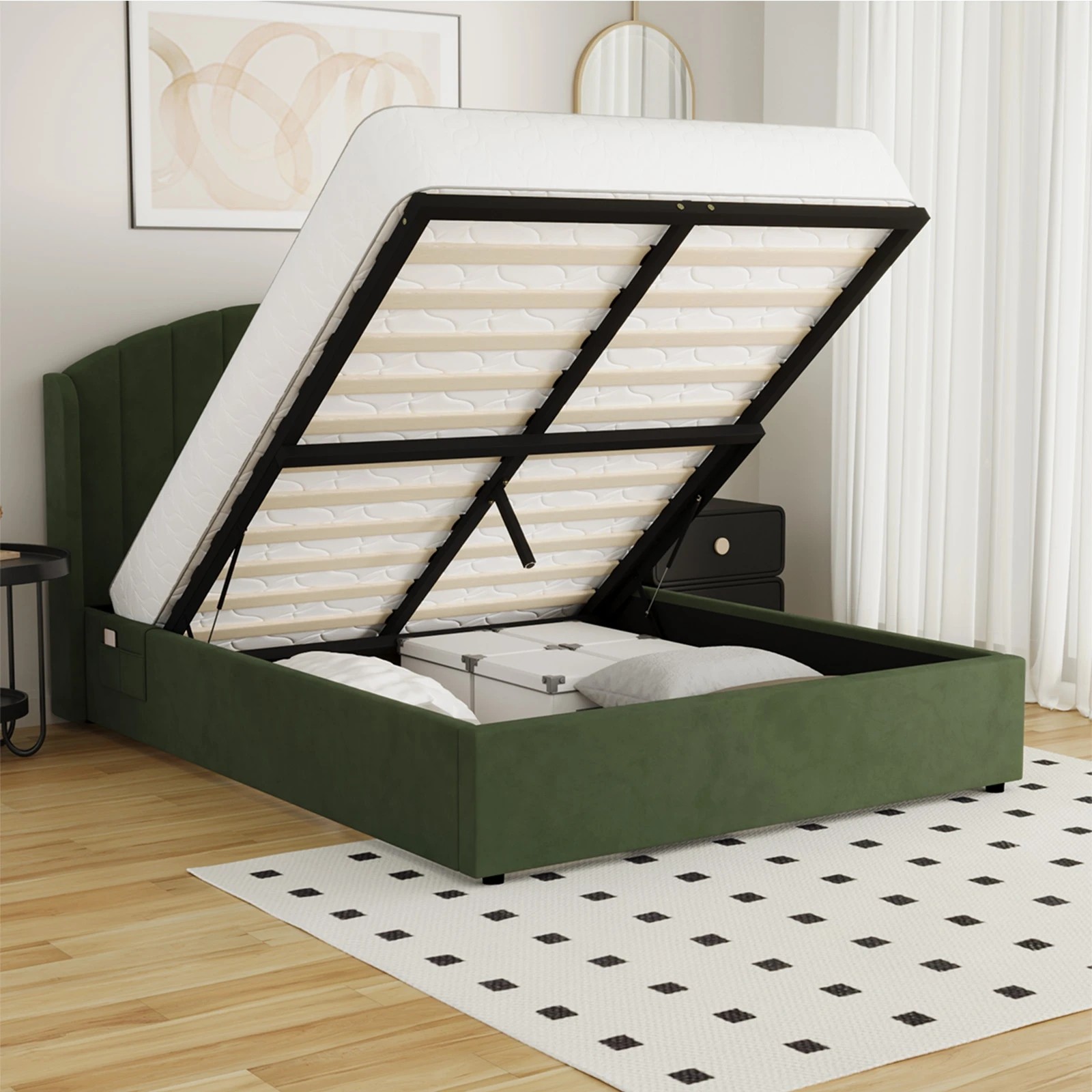 4 Oikiture Bed Frame Queen Size With Gas Lift Storage USB Charging Velvet - Green, 4 of 9