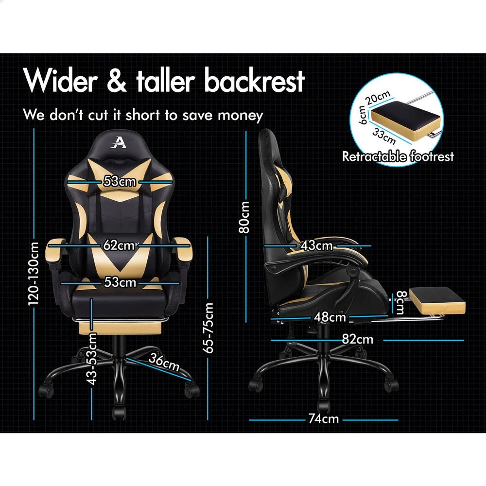 8 Alfordson Gaming Chair Office Massage 12 RGB LED Computer Seat PU Leather - Gold, 8 of 10