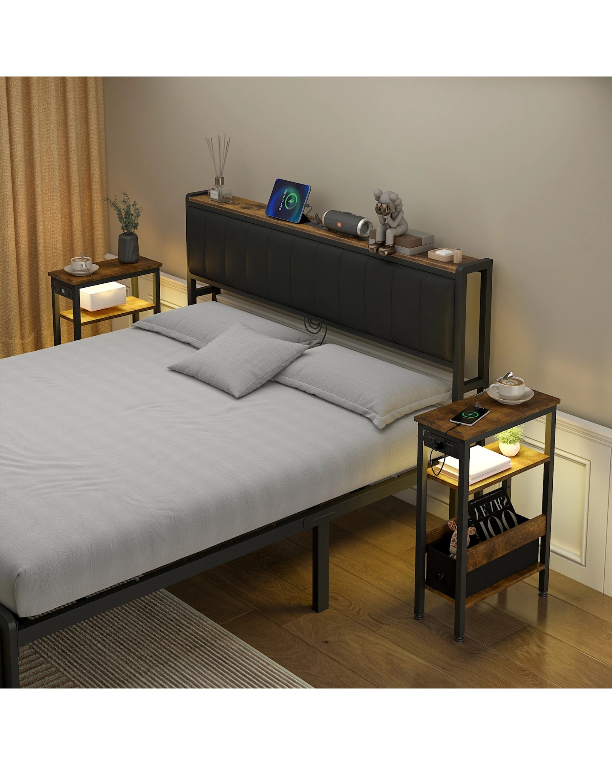 8 Advwin LED  Bedside Tables Set of 2 w/ Open Drawer & Open Shelf - Brown, 8 of 9