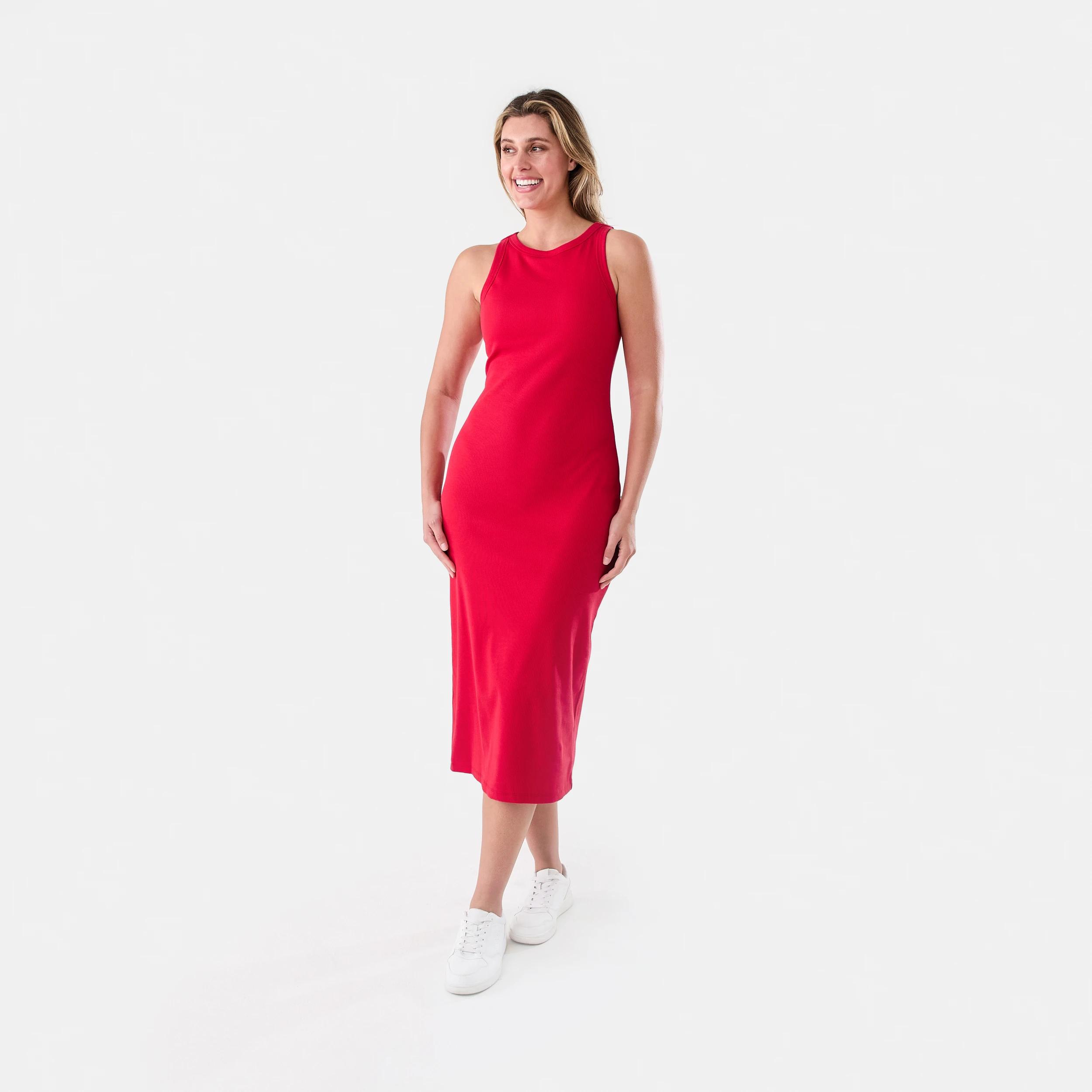 1 Sleeveless Padded Rib Midi Dress Strawberry, 1 of 5