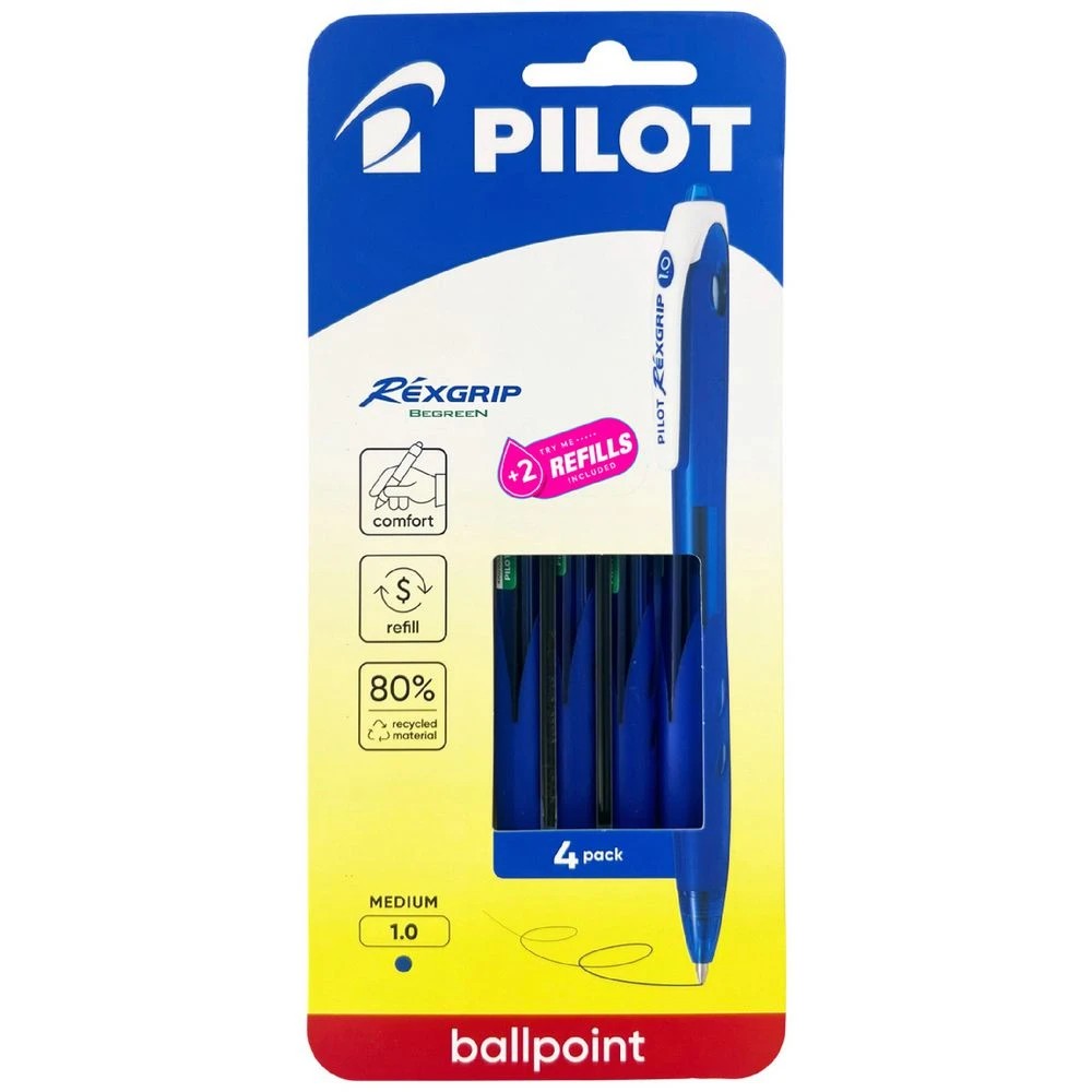 1 PILOT Rexgrip Ballpoint Pens 1mm Blue 4 Pack w/Refills, 1 of 3