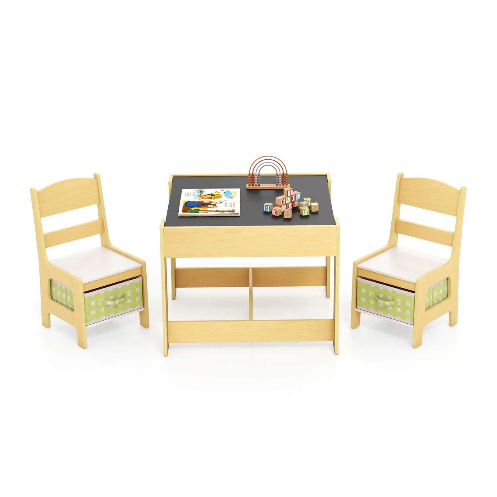 1 Costway 3Pcs Activity Table Chair Set w/Storage Drawers - Green, 1 of 1