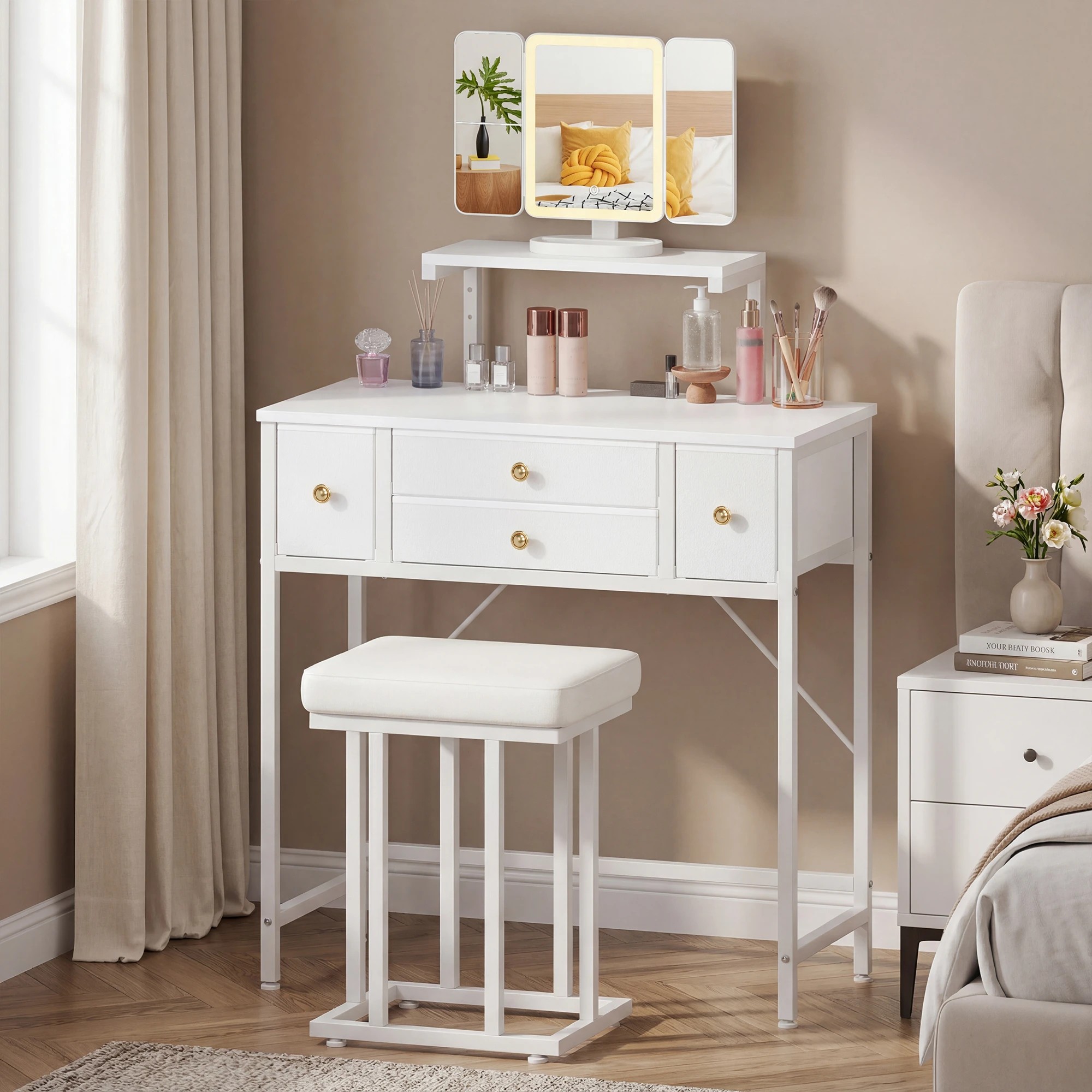 6 Advwin Dressing Table with LED Mirror 4-Drawer Height-Adjustable Stand - White, 6 of 7