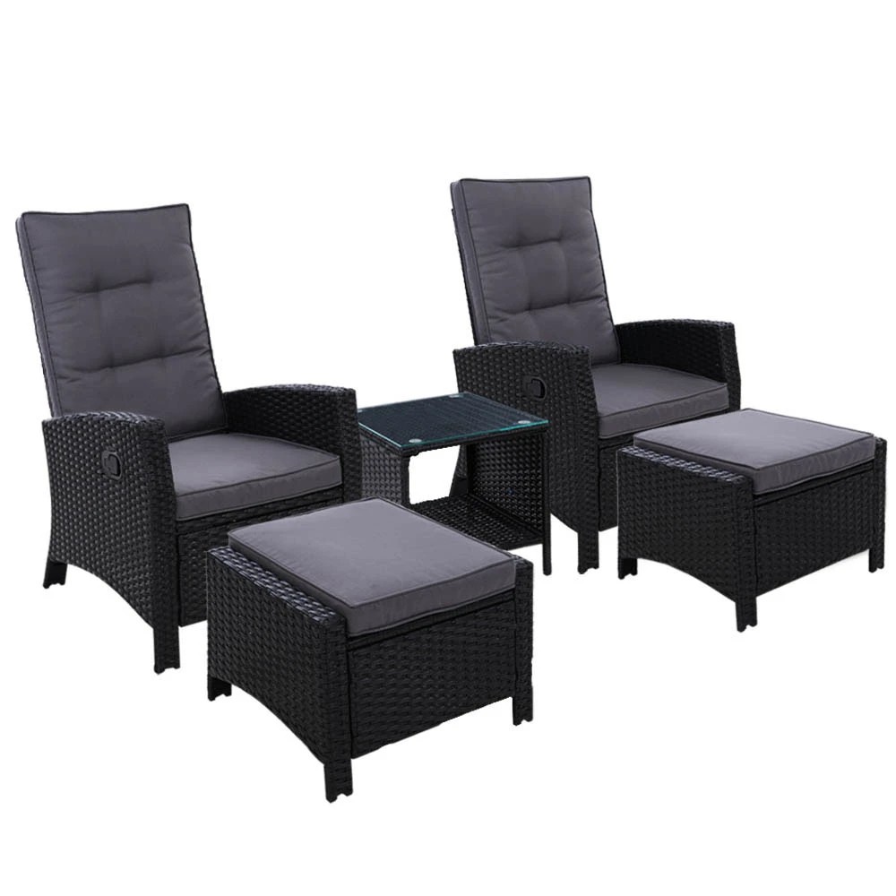 1 Gardeon 5PC Recliner Chairs Table Sun lounge Wicker Outdoor Furniture Adjustable - Black, 1 of 6