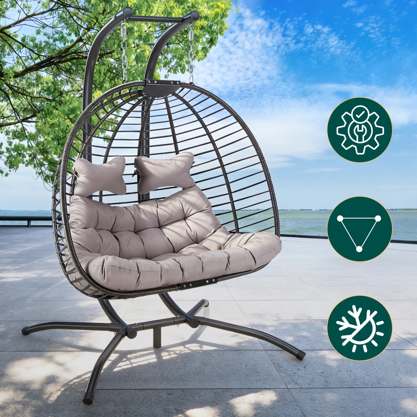 3 Alfordson Outdoor Egg Swing Chair 2 Seater Wicker Rattan Pod Hanging - Light Grey, 3 of 10