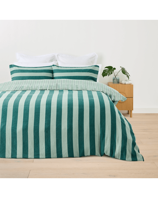 Striped Linen Cotton Reversible Quilt Cover Set - Queen Bed, G