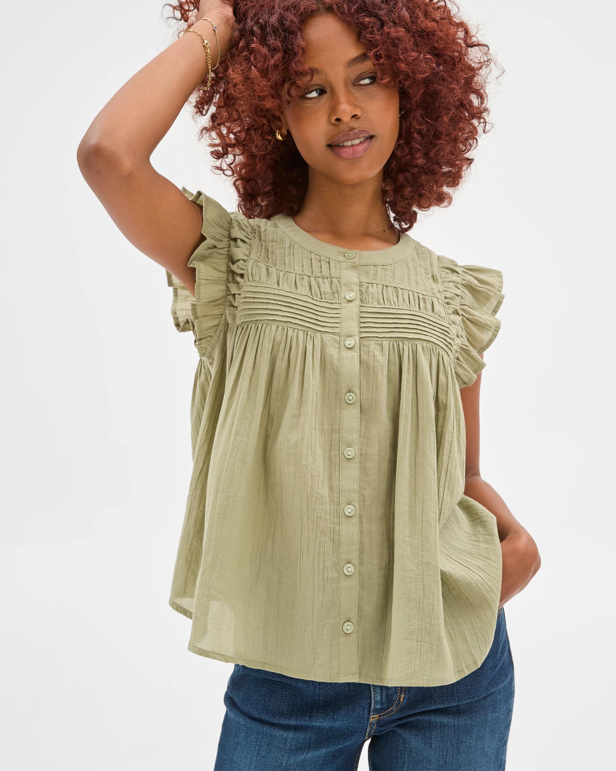 1 Target Petites Flutter Sleeve Pintuck Blouse SPRING SAGE, 1 of 6