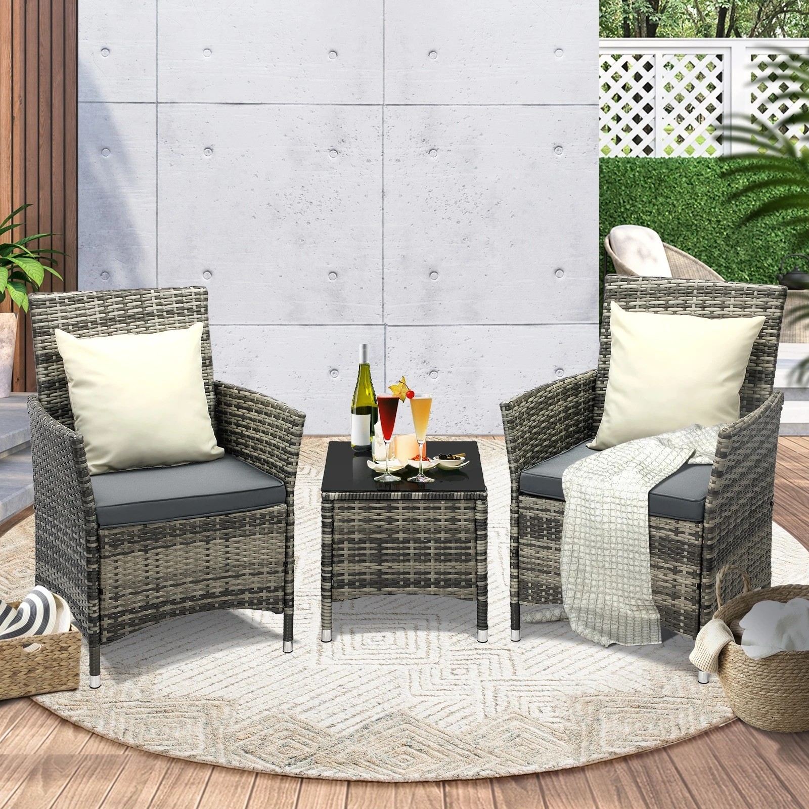 10 Livsip Outdoor Furniture Setting 3 Piece Wicker Bistro Set Patio Chairs Table
 - Grey, 10 of 10