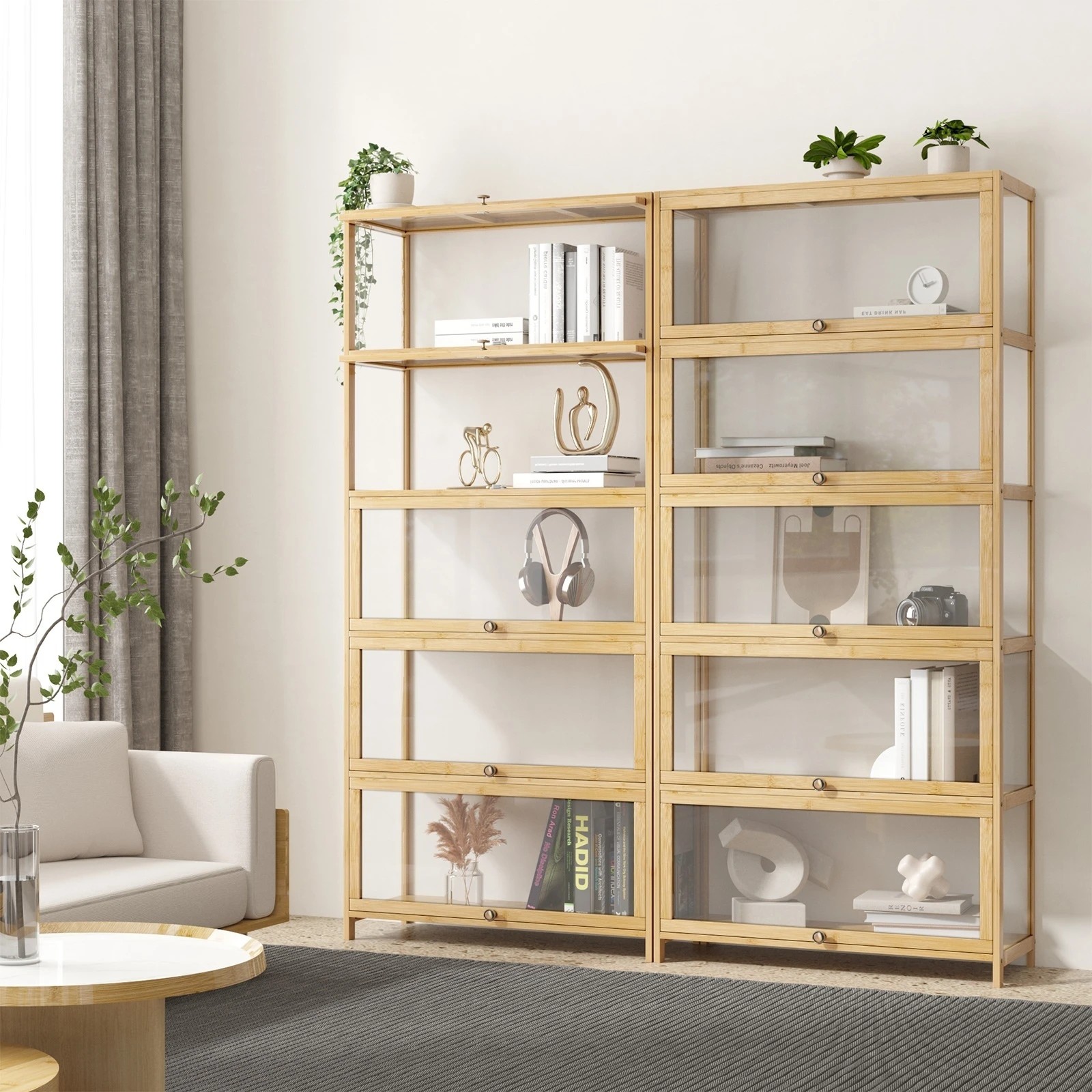 3 Oikiture Display Cabinet Storage 5-tier Shelves Clear Bookcase Stand Rack
 - Natural, 3 of 9
