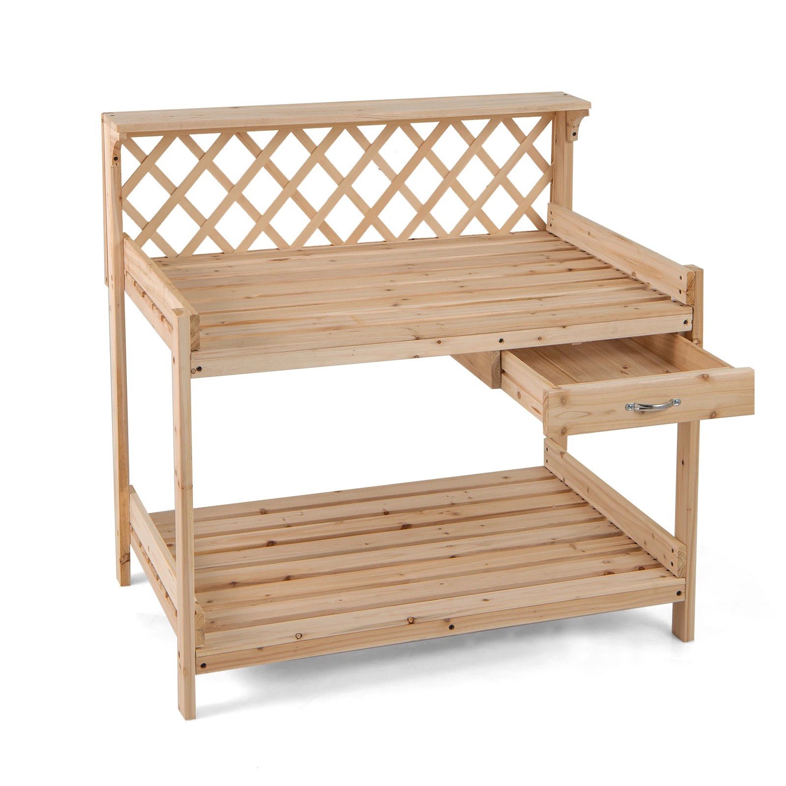 1 Costway Garden Potting Work Bench Table Wooden Plant Station w/Lattice Trellis & Shelf, 1 of 1