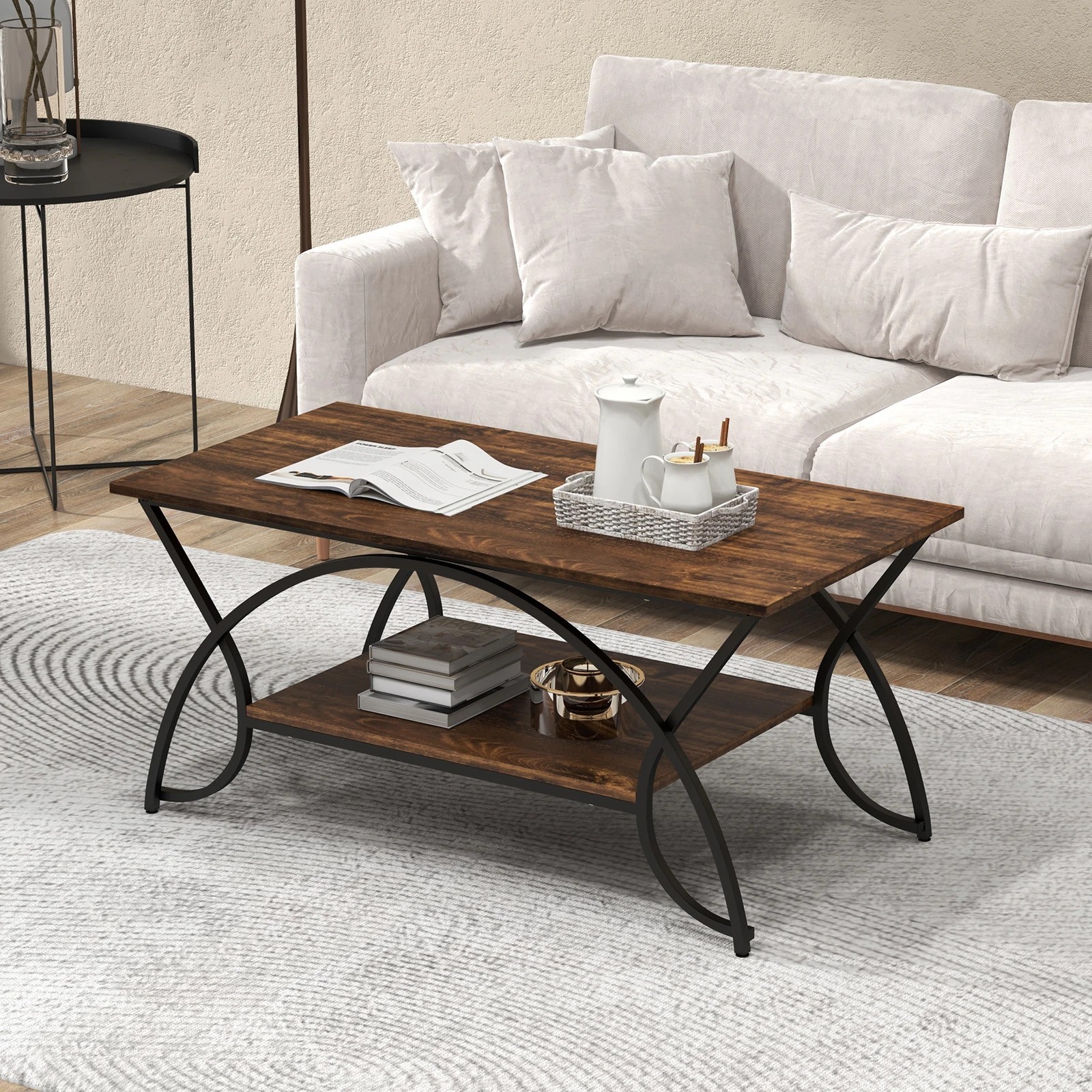 2 Costway 2-Tier Coffee Table Rectangular Cocktail Table w/Arched Metal Frame, 2 of 5