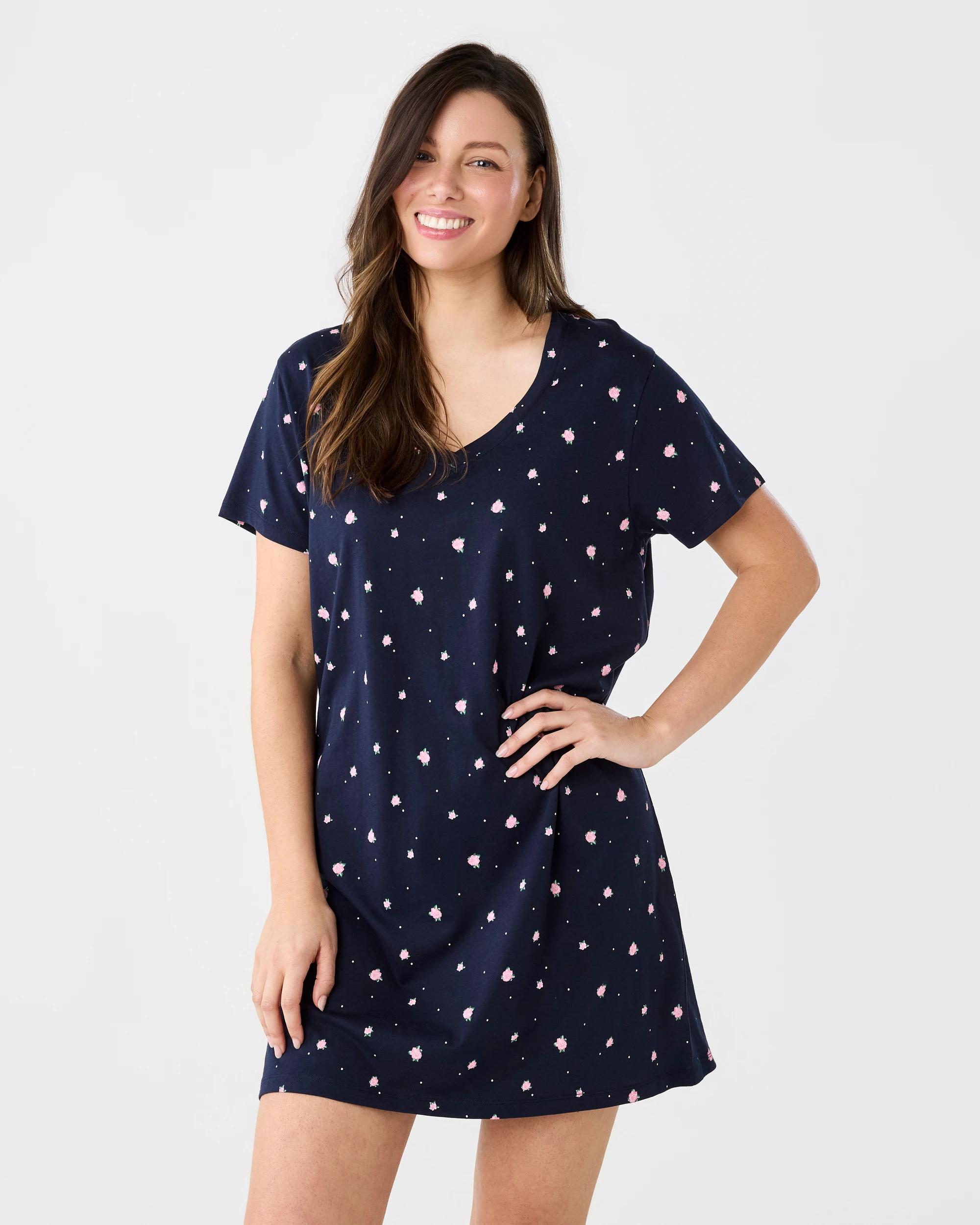 1 Cotton V-Neck Nightie Navy Ditsy, 1 of 6