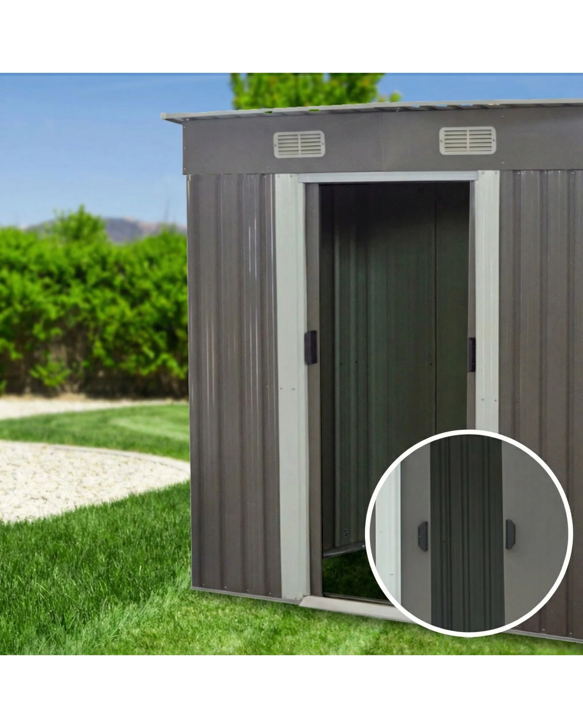 4 Wallaroo 4ft x 8ft Garden Sheds Tool Storage Outdoor Workshop Shelter Flat Roof with Base - Grey, 4 of 9