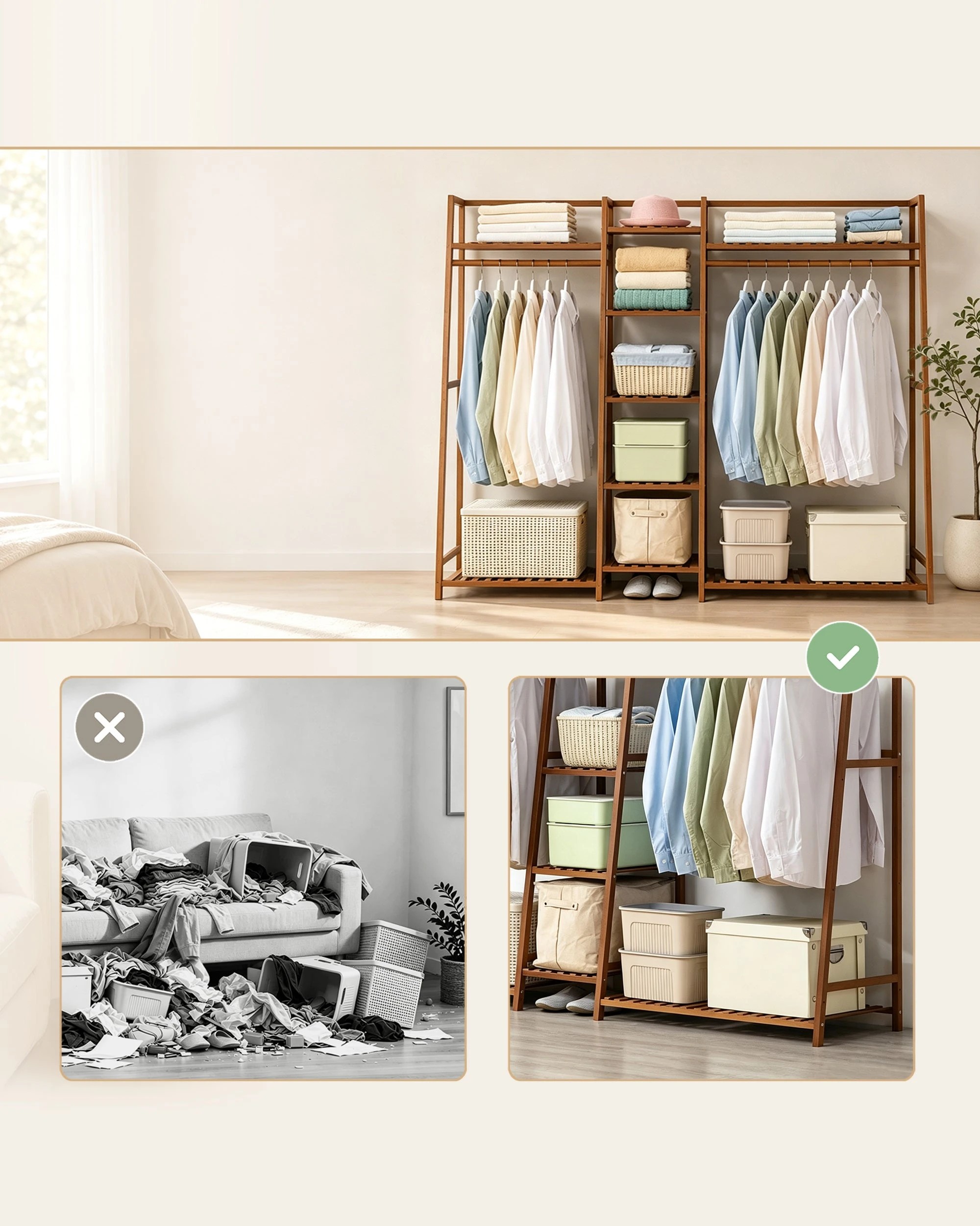 6 Foret Tea Brown Bamboo Double Clothes Rack With Shelves, 6 of 8