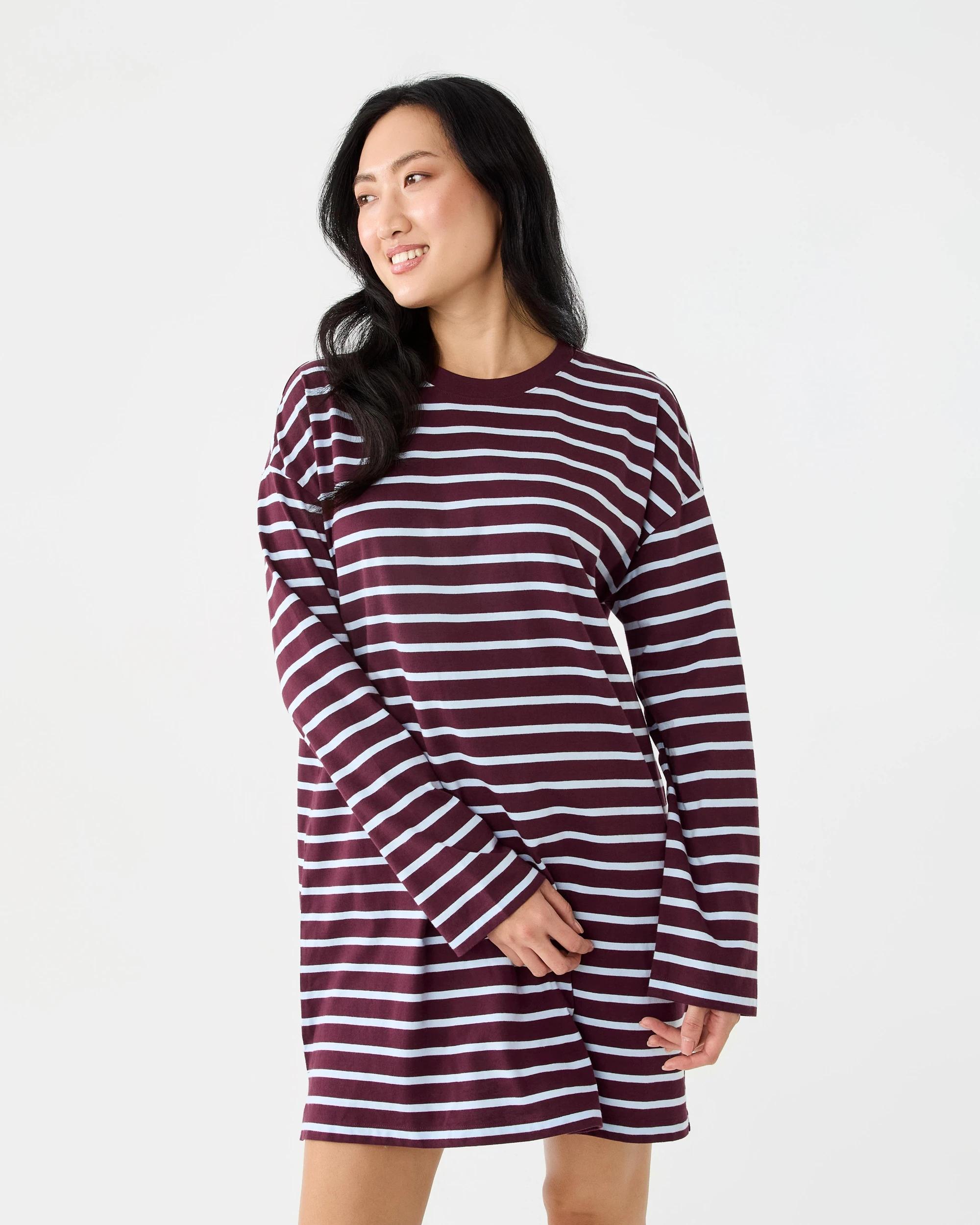 1 Long Sleeve Oversized Boyfriend Mini Dress Strp Prt, 1 of 7