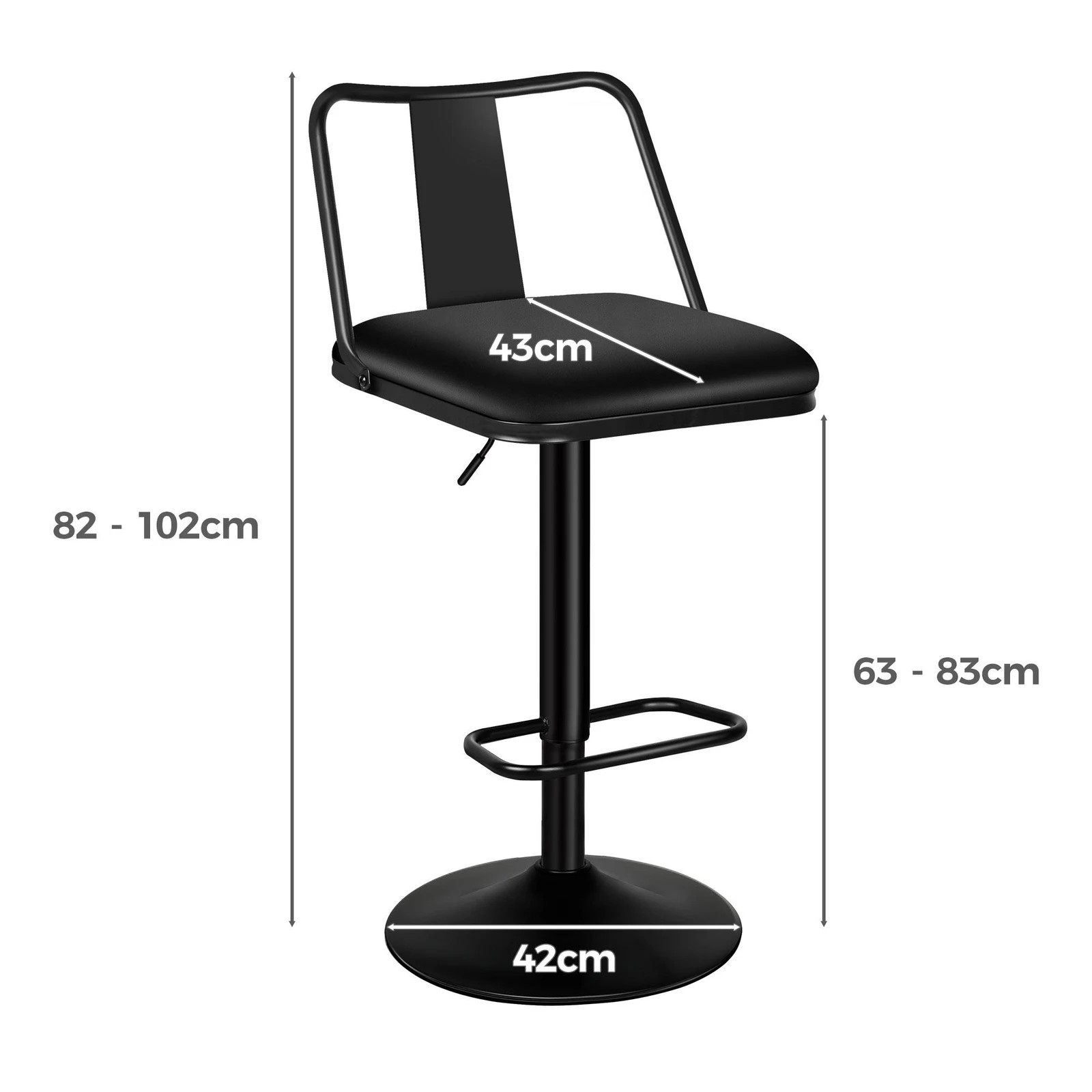 8 Alfordson 2x Bar Stools Gas Lift Leather Bar Chairs Kitchen Swivel Gloria - Black, 8 of 10